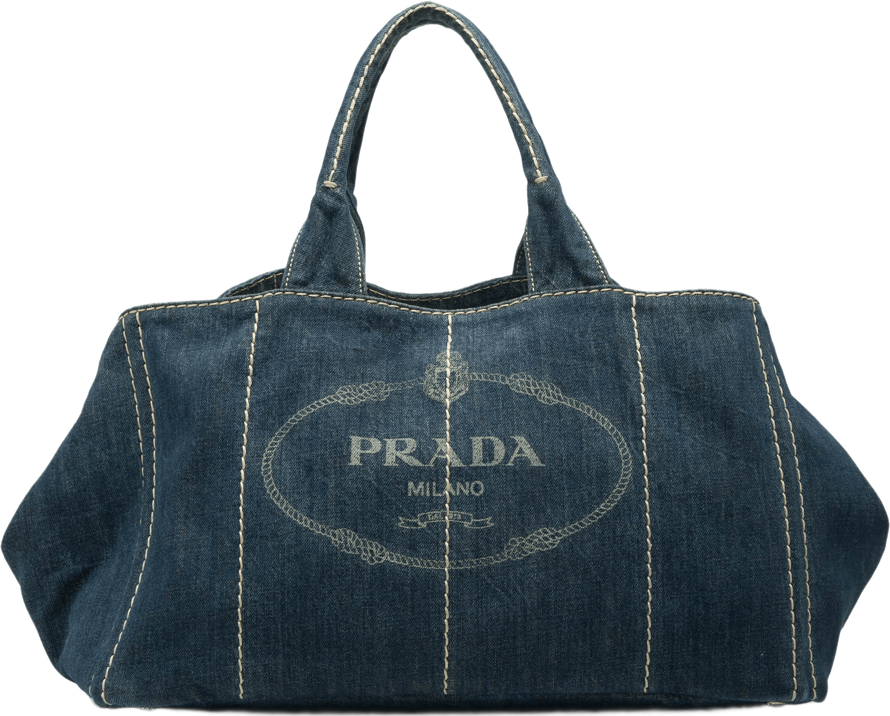 Prada Large Denim Canapa Logo Satchel, från Luxclusif, i färgen denim.