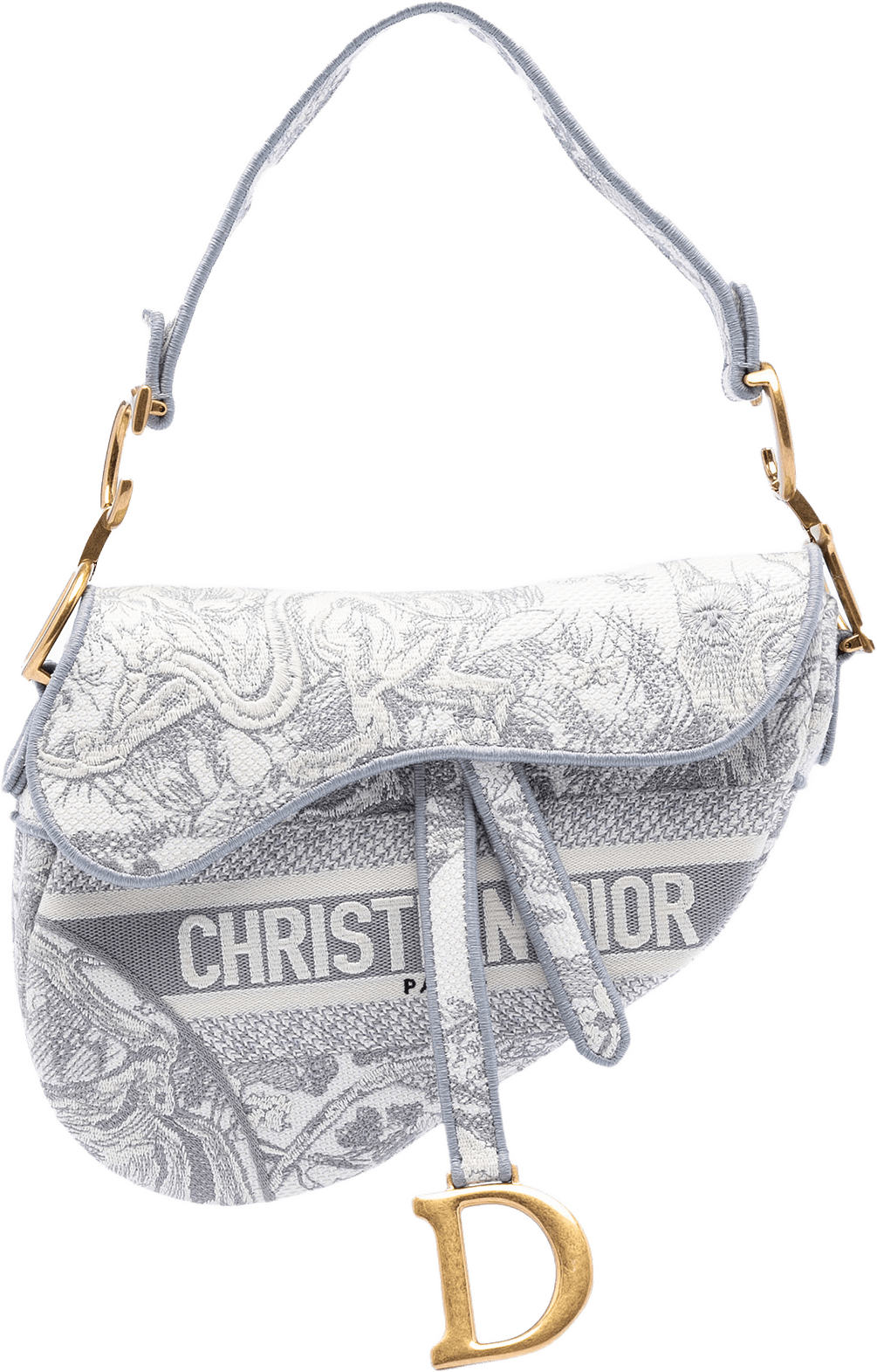 Dior Canvas Embroidered Toile De Jouy Saddle Bag, från Luxclusif, i färgen gray.