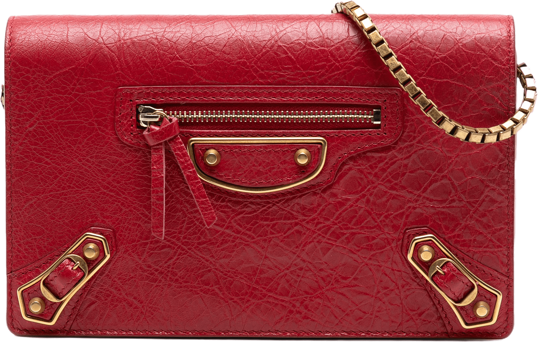 Balenciaga Lambskin Motocross Metallic Edge Wallet On Chain, från Luxclusif, i färgen red.