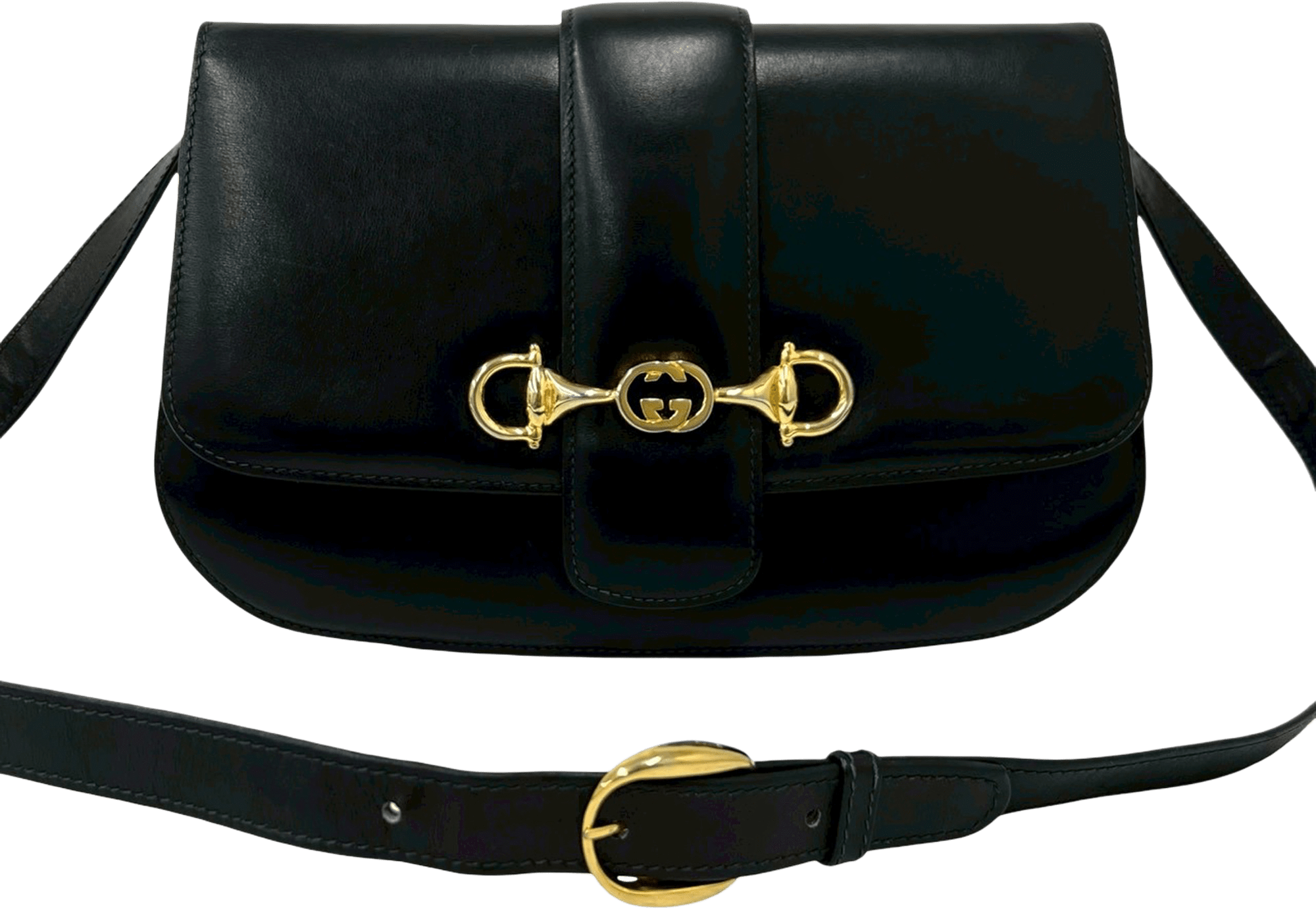 Gucci Calfskin Horsebit Flap Crossbody, från Luxclusif, i färgen navy.