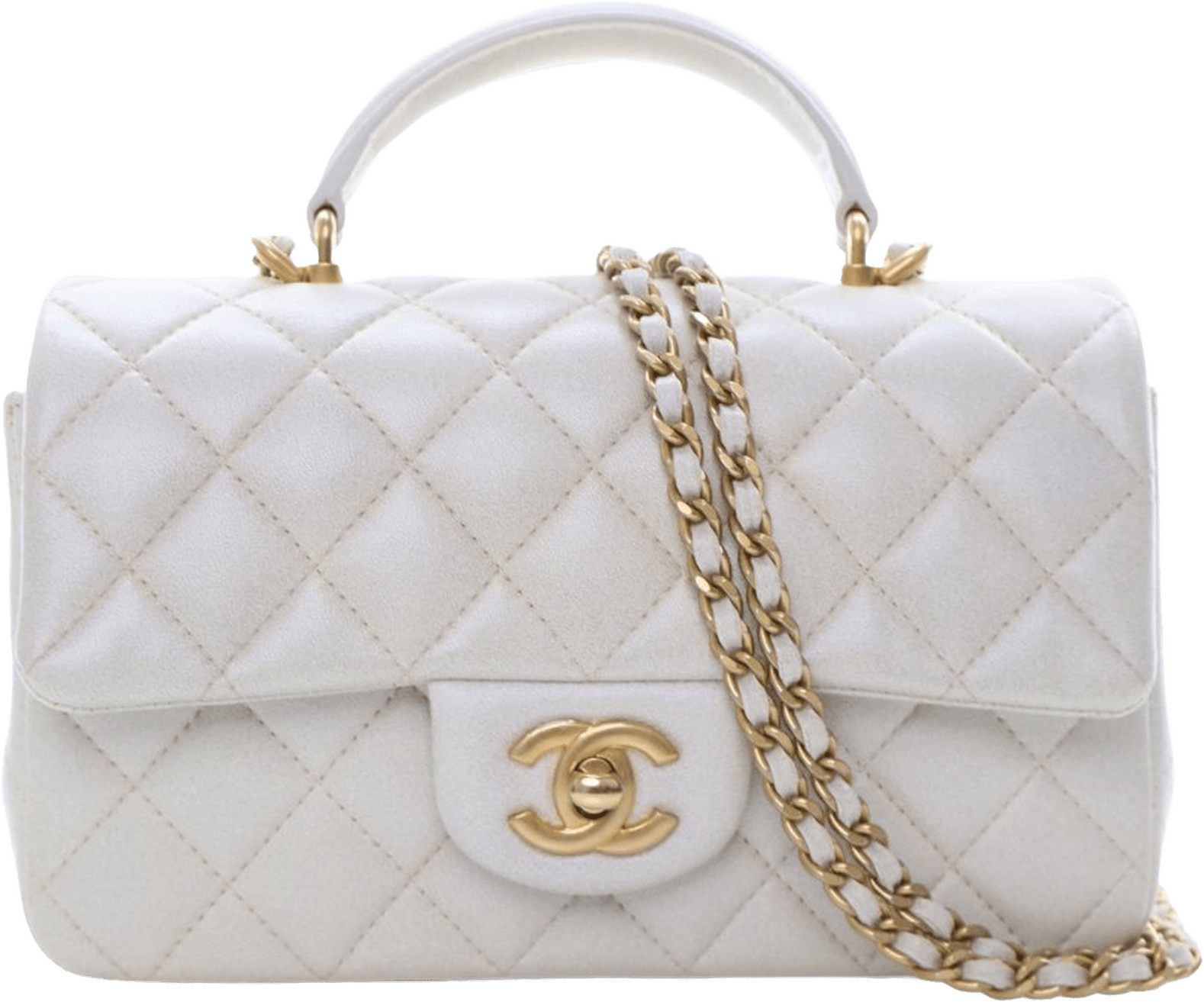 Chanel Mini Rectangular Quilted Iridescent Lambskin Top Handle Flap, från Luxclusif, i färgen white.