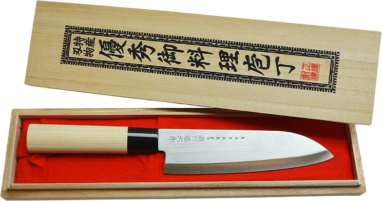 Santokukniv i Balsabox Houcho, 17 cm, från Satake.