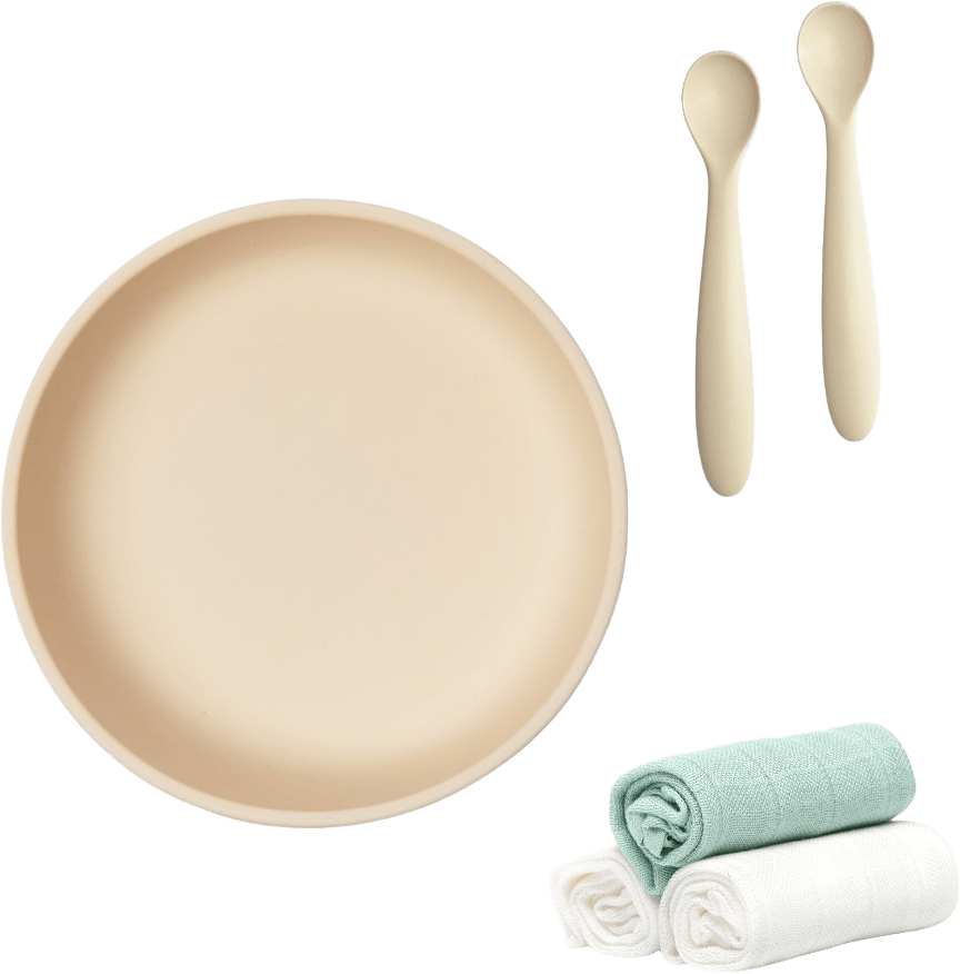 Eating  Plus  Bundle (plate Bowl + Spoon Set + Muslin Squares Set), från Les Enfants, i färgen sand.