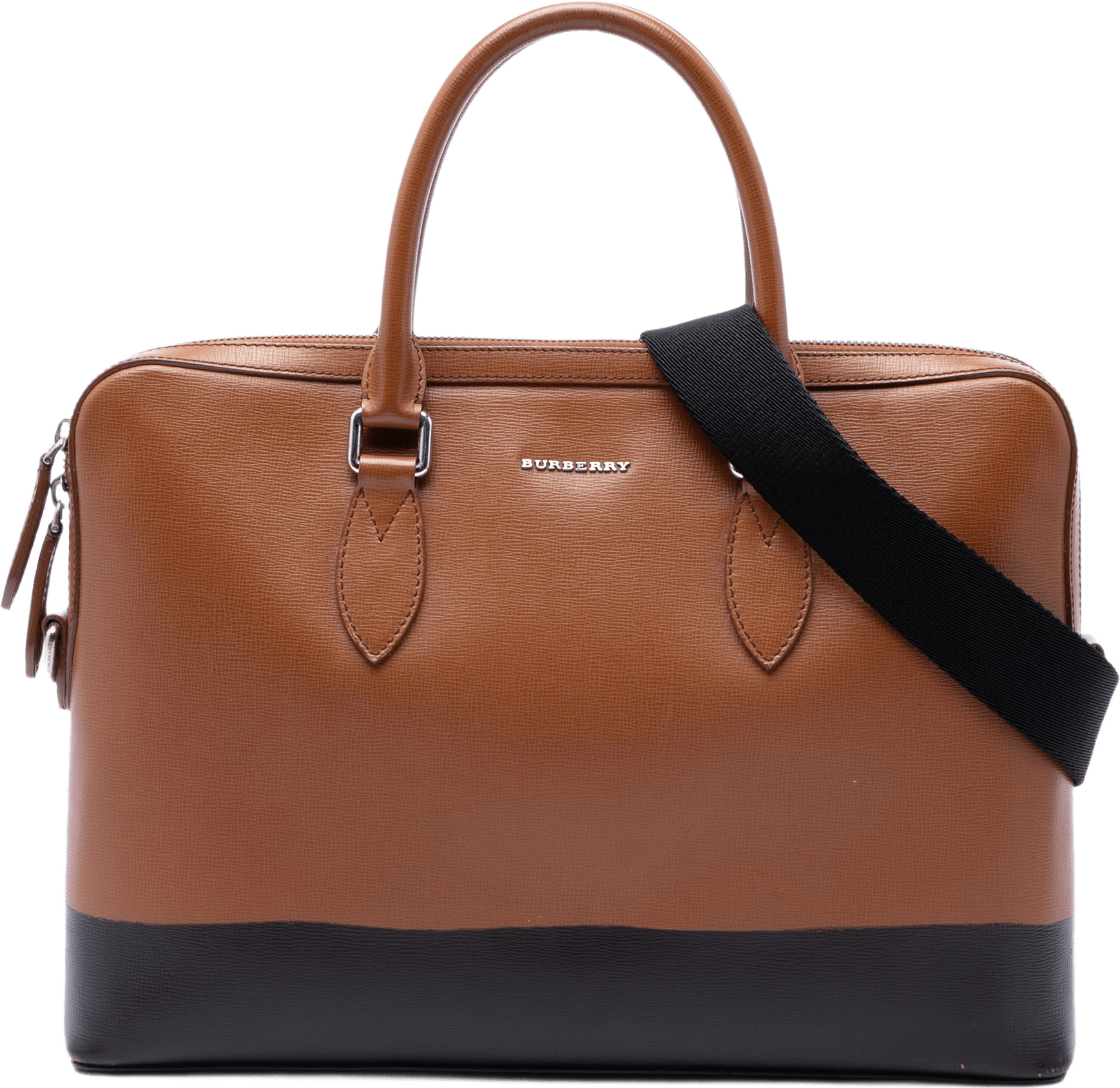 Burberry Bicolor Leather Barrow Business Bag, från Luxclusif, i färgen brun.