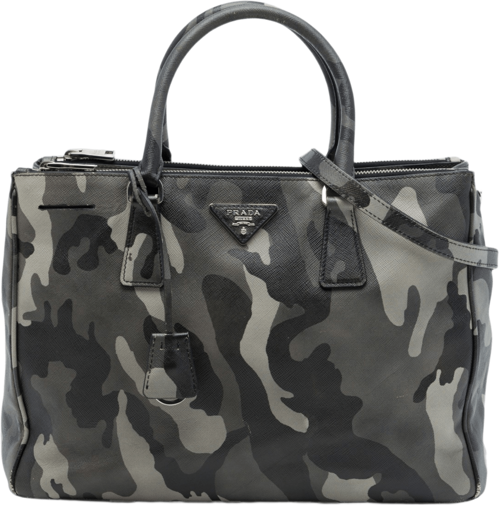 Prada Medium Saffiano Lux Camouflage Galleria Double Zip Satchel, från Luxclusif, i färgen grå.