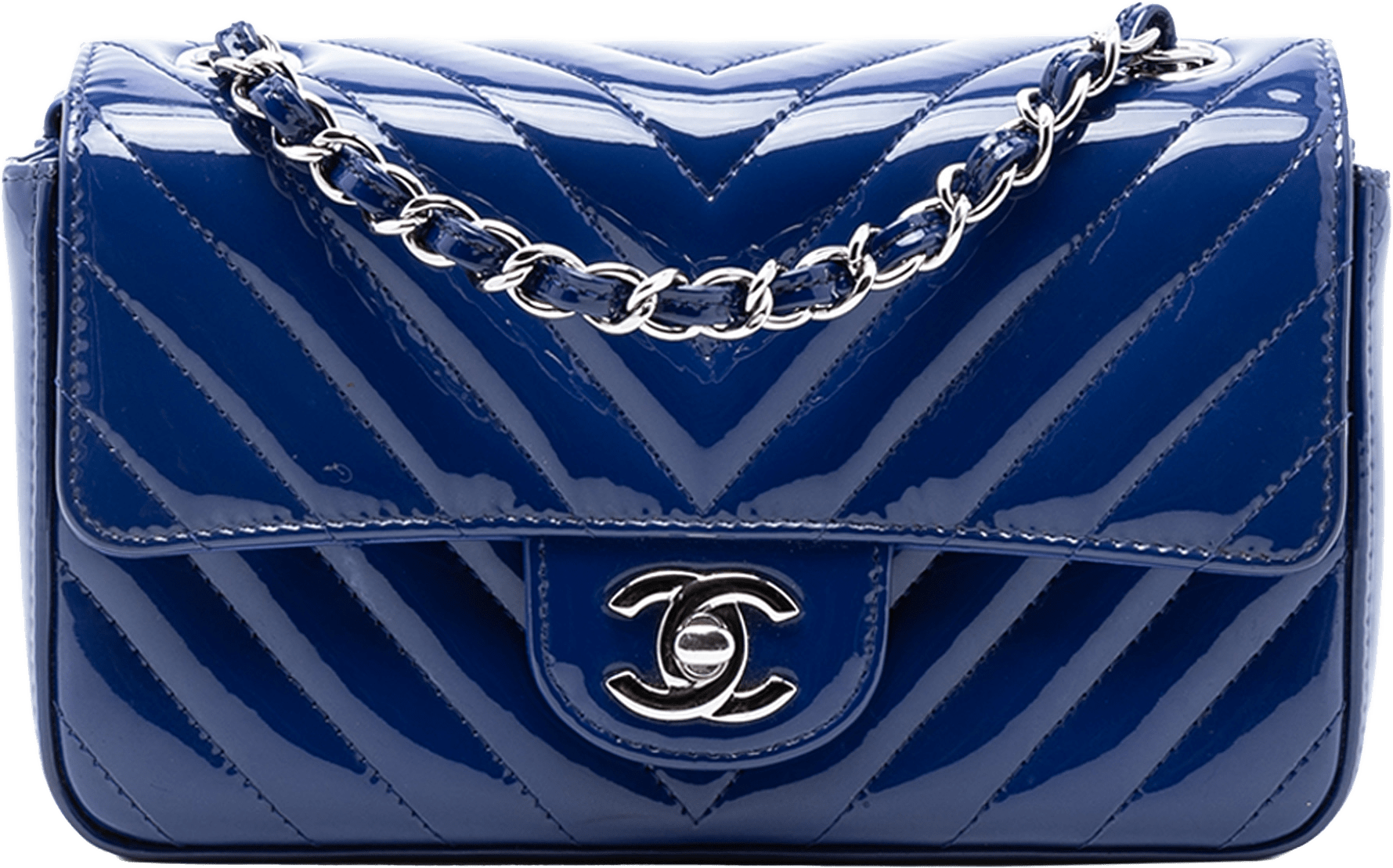 Chanel Mini Rectangular Classic Chevron Patent Single Flap, från Luxclusif, i färgen blue.