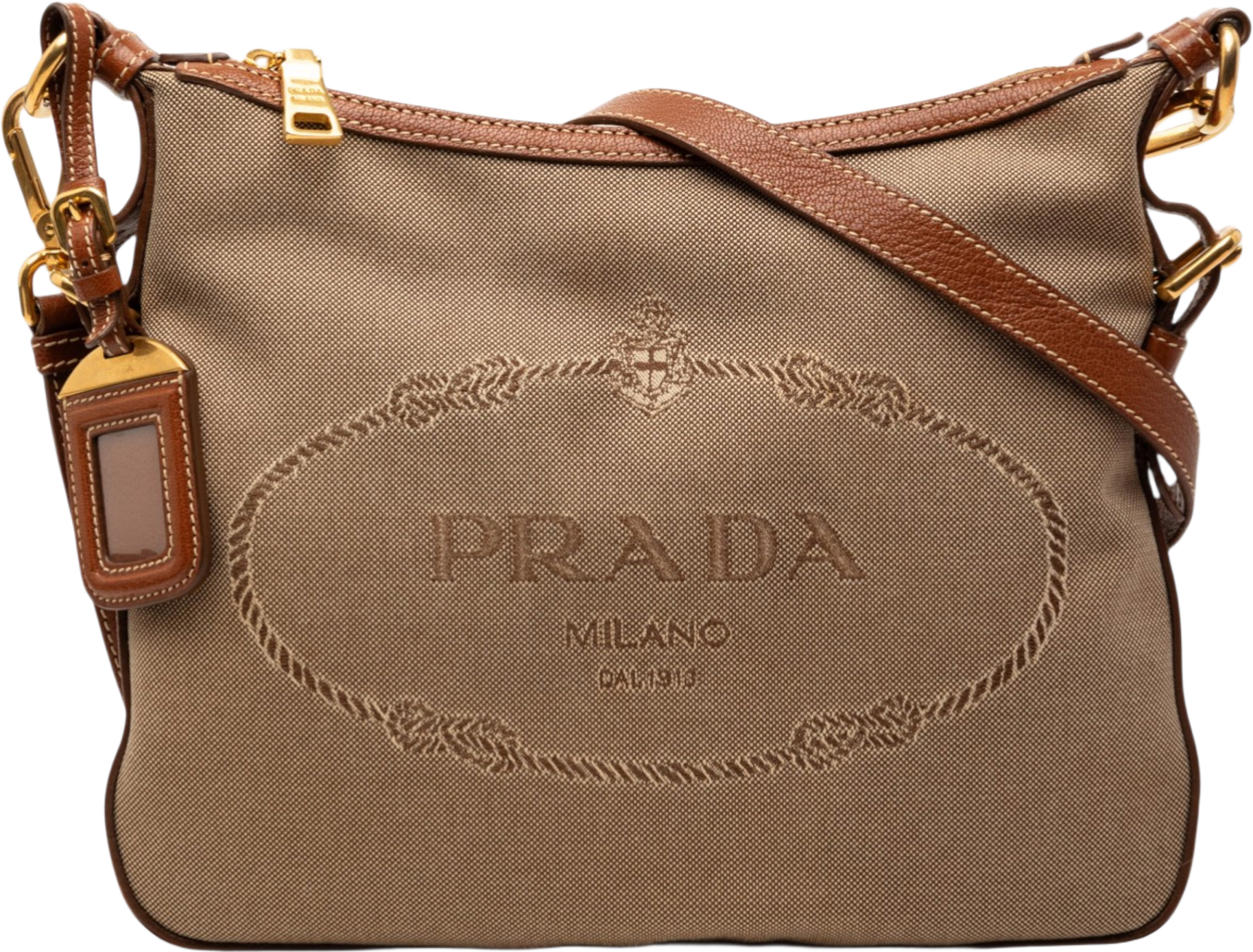 Prada Canvas Canapa Logo Crossbody, från Luxclusif, i färgen beige.