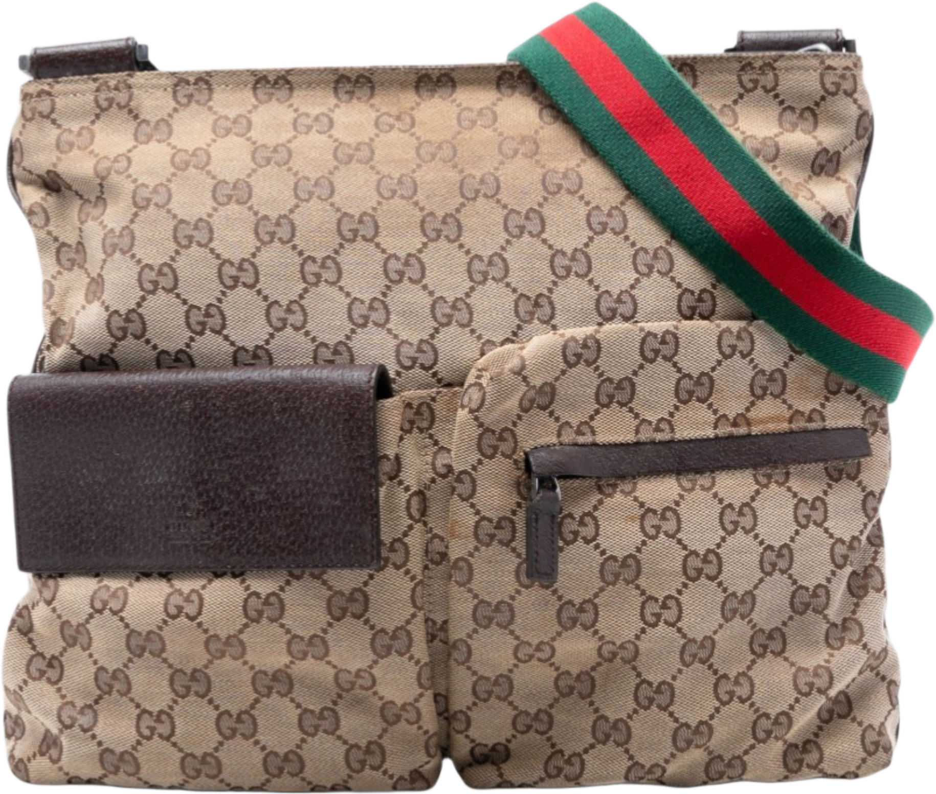 Gucci Gg Canvas Web Double Pocket Crossbody, från Luxclusif, i färgen beige.