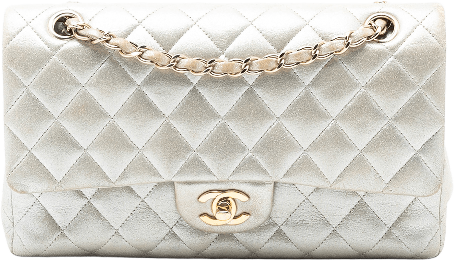 Chanel Medium Classic Iridescent Lambskin Double Flap, från Luxclusif, i färgen light gold.