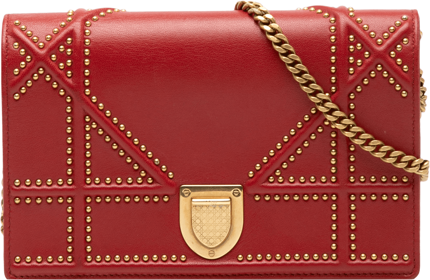 Dior Studded Lambskin Diorama Wallet On Chain, från Luxclusif, i färgen red.