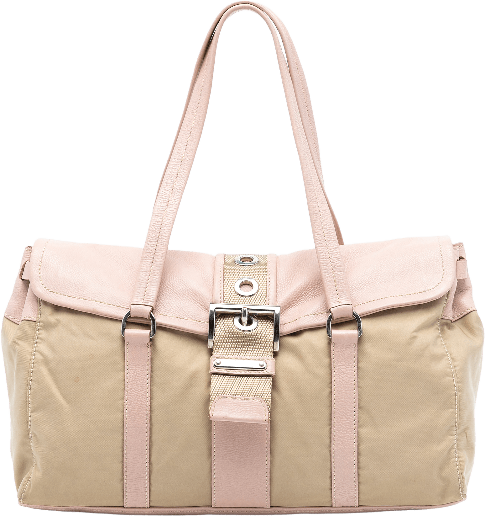 Prada Vitello Trimmed Tessuto Shoulder Bag, från Luxclusif, i färgen beige.