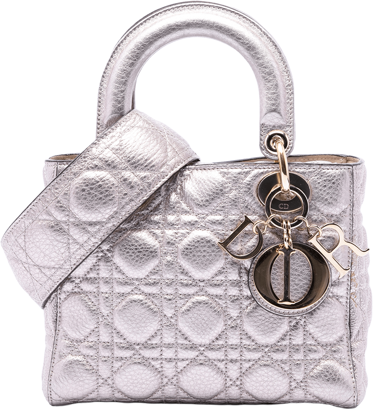 Dior Small Metallic Grained Calfskin Cannage Supple Lady Dior, från Luxclusif, i färgen silver.