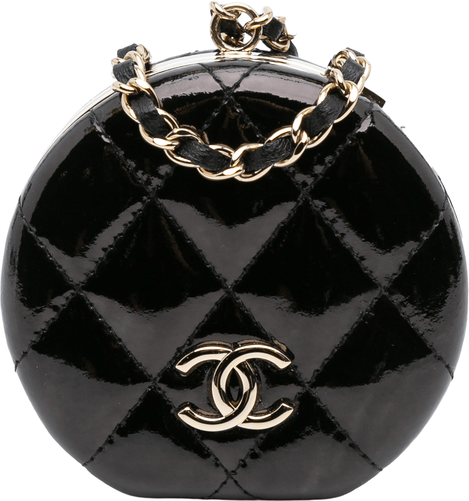 Chanel Quilted Patent Round Mirror Chain Necklace, från Luxclusif, i färgen black.