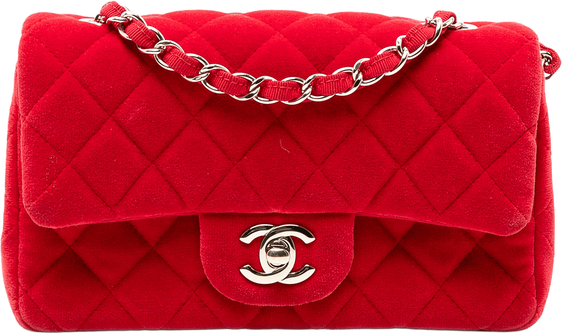 Chanel Mini Rectangular Classic Velvet Single Flap, från Luxclusif, i färgen red.