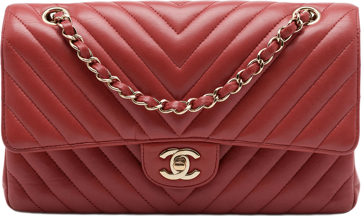 Chanel Medium Classic Chevron Lambskin Double Flap, från Luxclusif, i färgen röd.