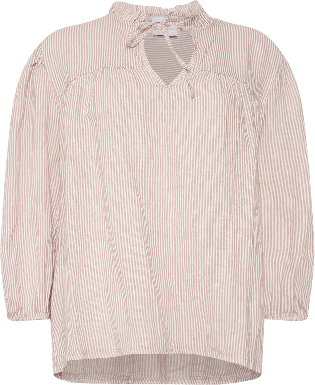 Ella, Frill Neck Blouse Stripe, Linen - Dust Lavender Stripe/cream