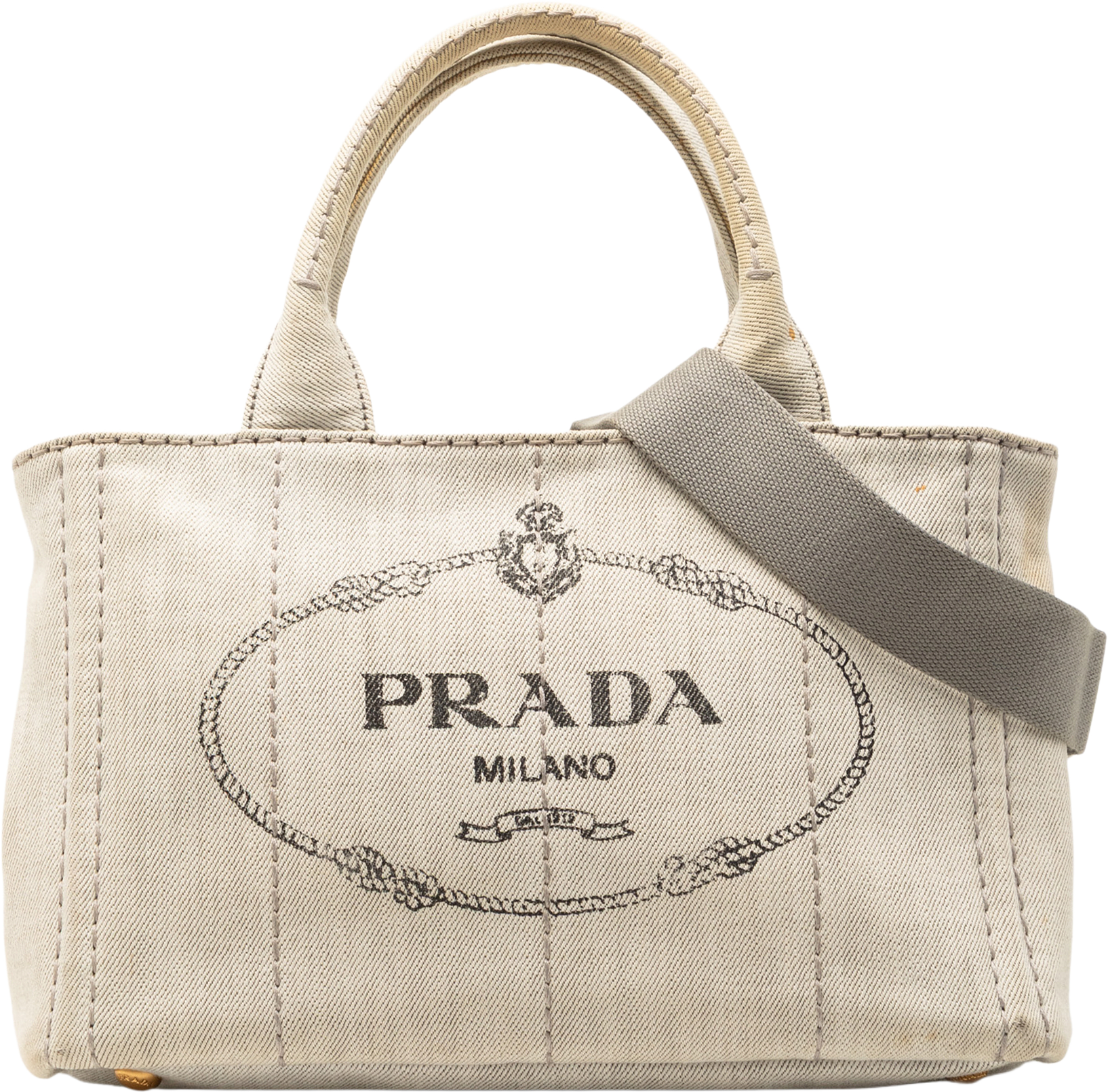 Prada Small Denim Canapa Logo Satchel, från Luxclusif, i färgen light gray.