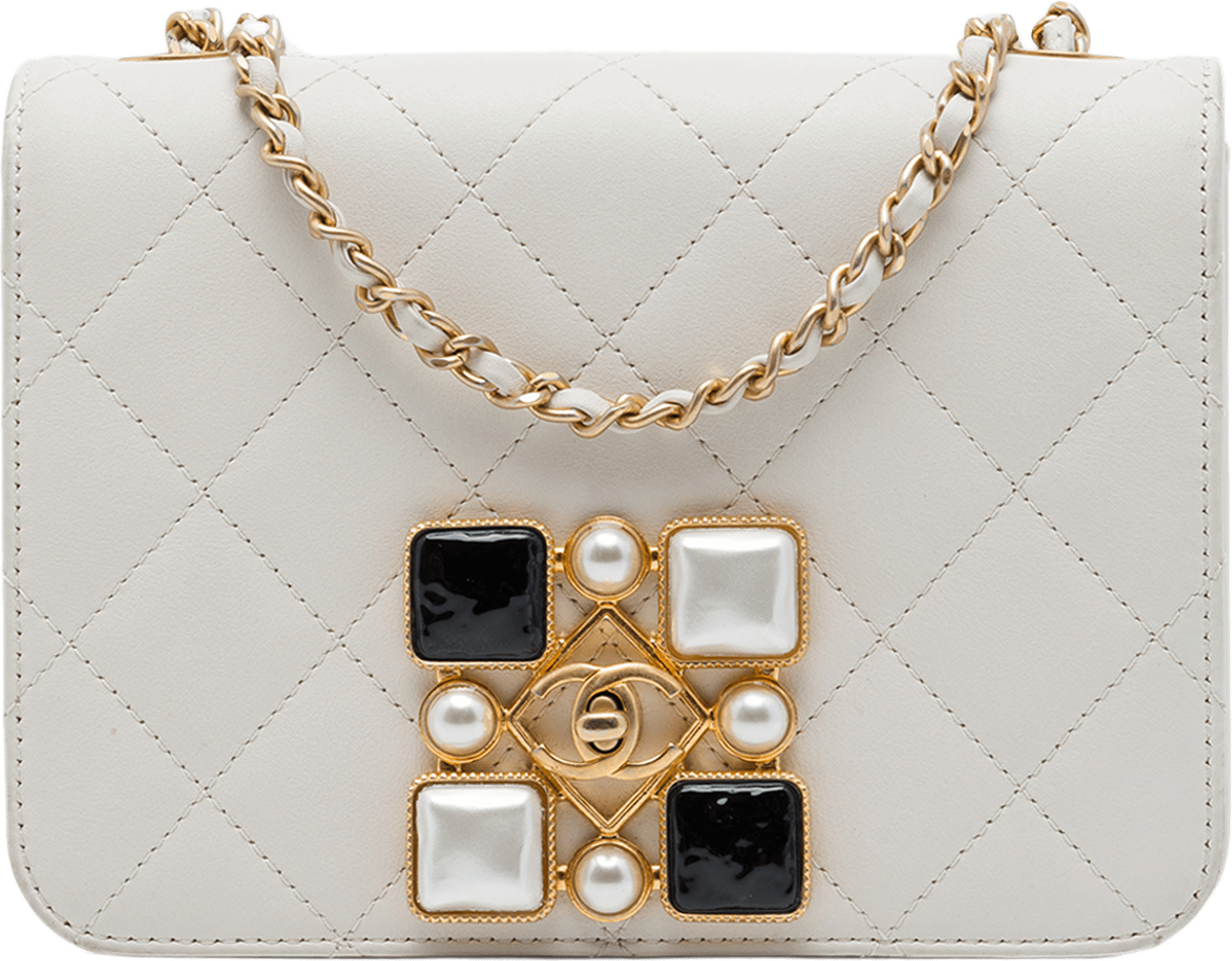 Chanel Small Cc Quilted Calfskin Crystal Pearl Full Flap, från Luxclusif, i färgen vit.