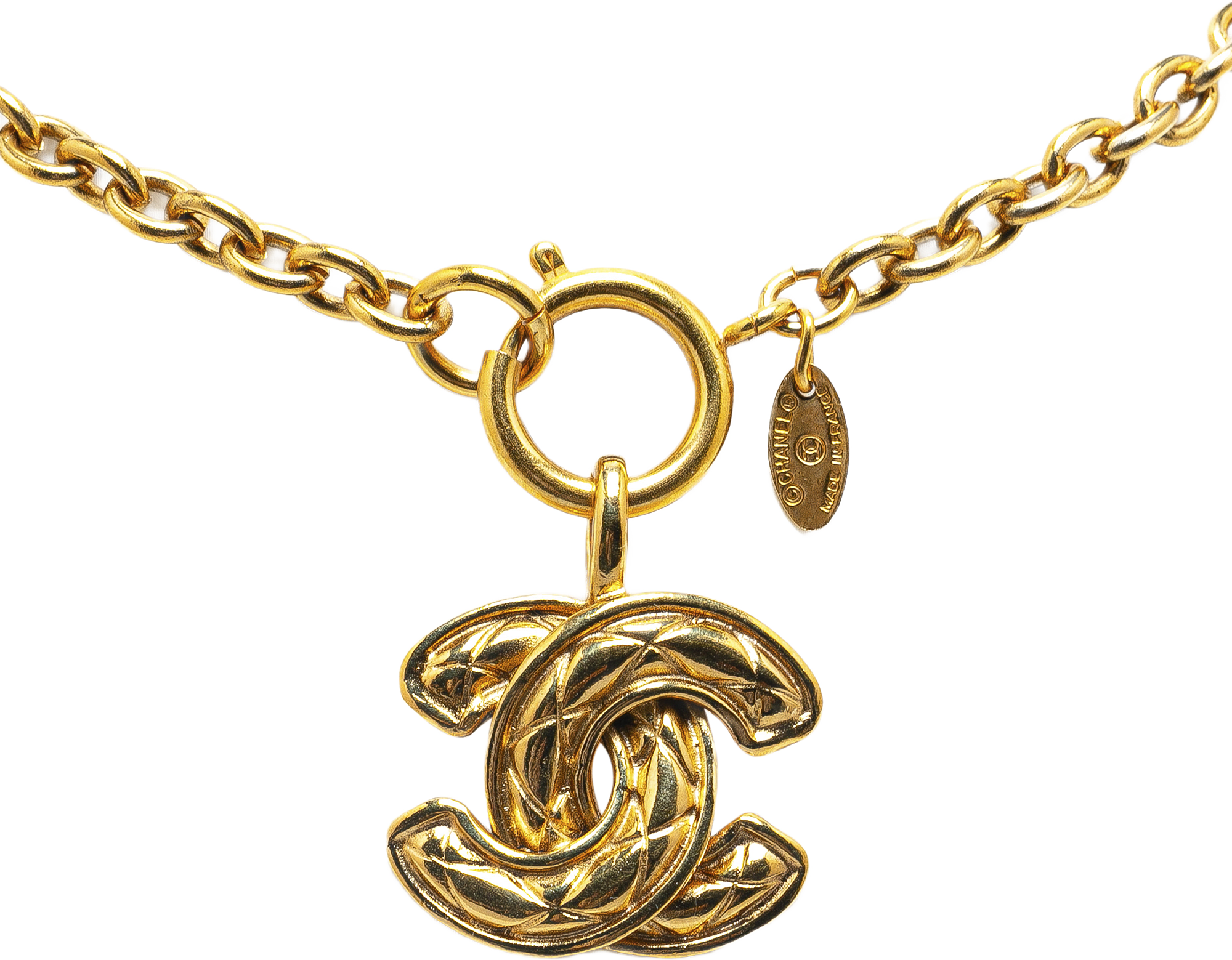 Chanel Gold Plated Quilted Cc Pendant Necklace
