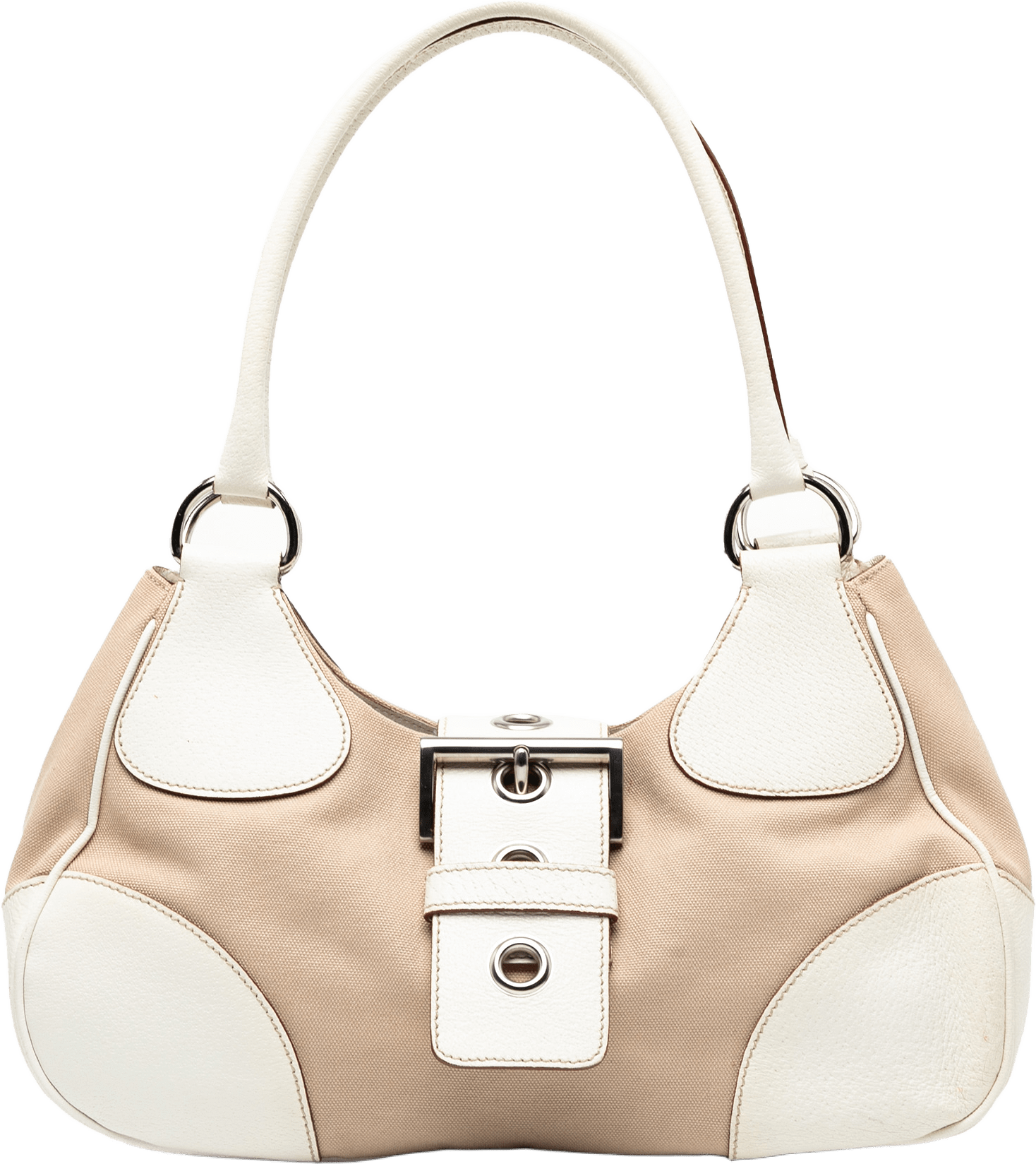 Prada Cinghiale Trimmed Canvas Canapa Moon Shoulder Bag, från Luxclusif, i färgen beige.
