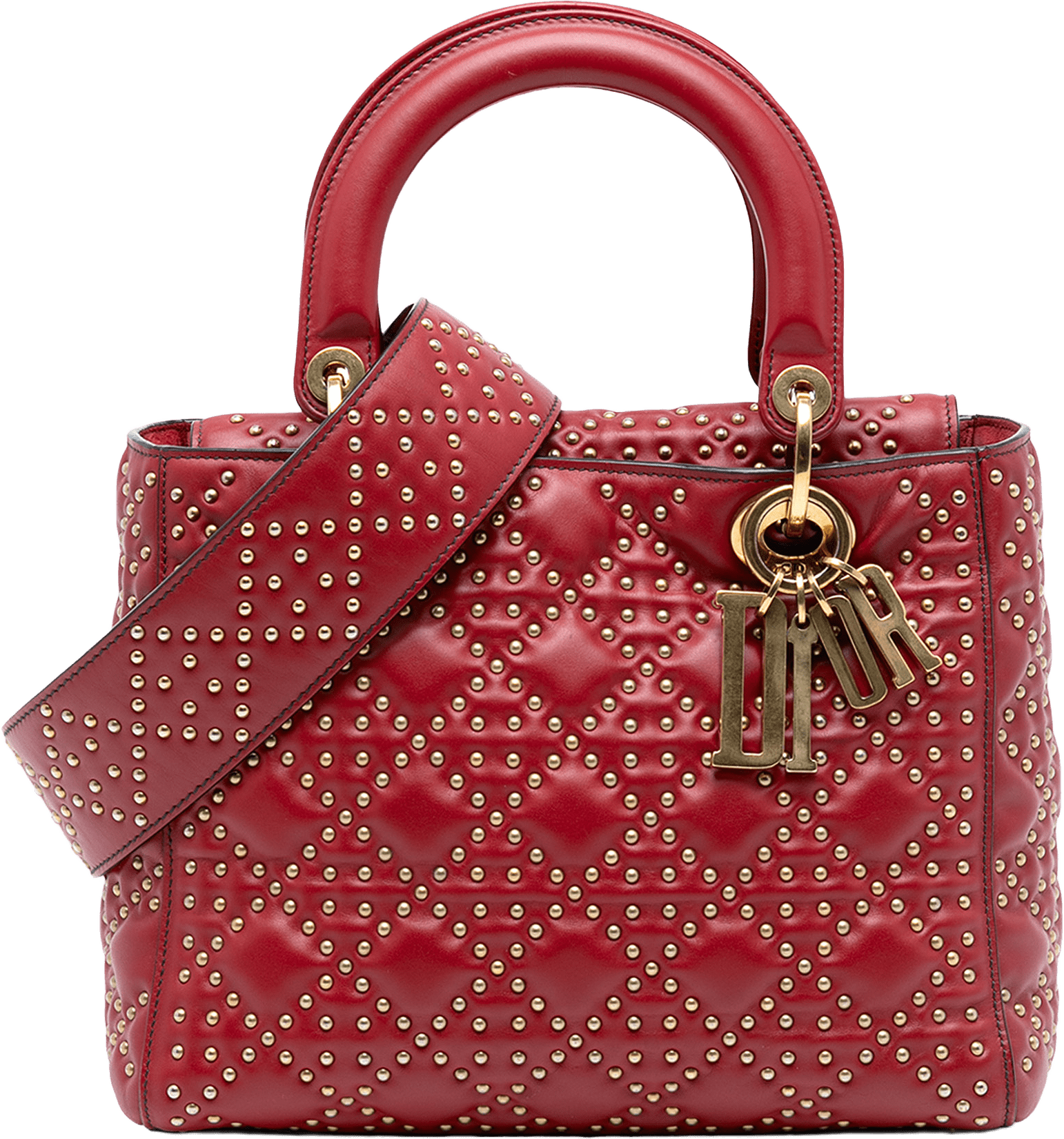 Dior Medium Studded Calfskin Lady Dior, från Luxclusif, i färgen red.