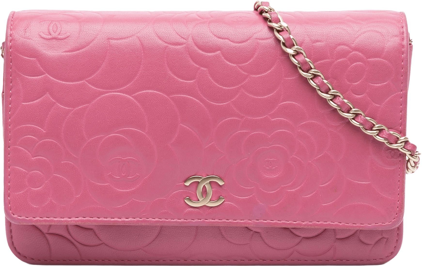 Chanel Cc Embossed Lambskin Camellia Wallet On Chain, från Luxclusif, i färgen pink.