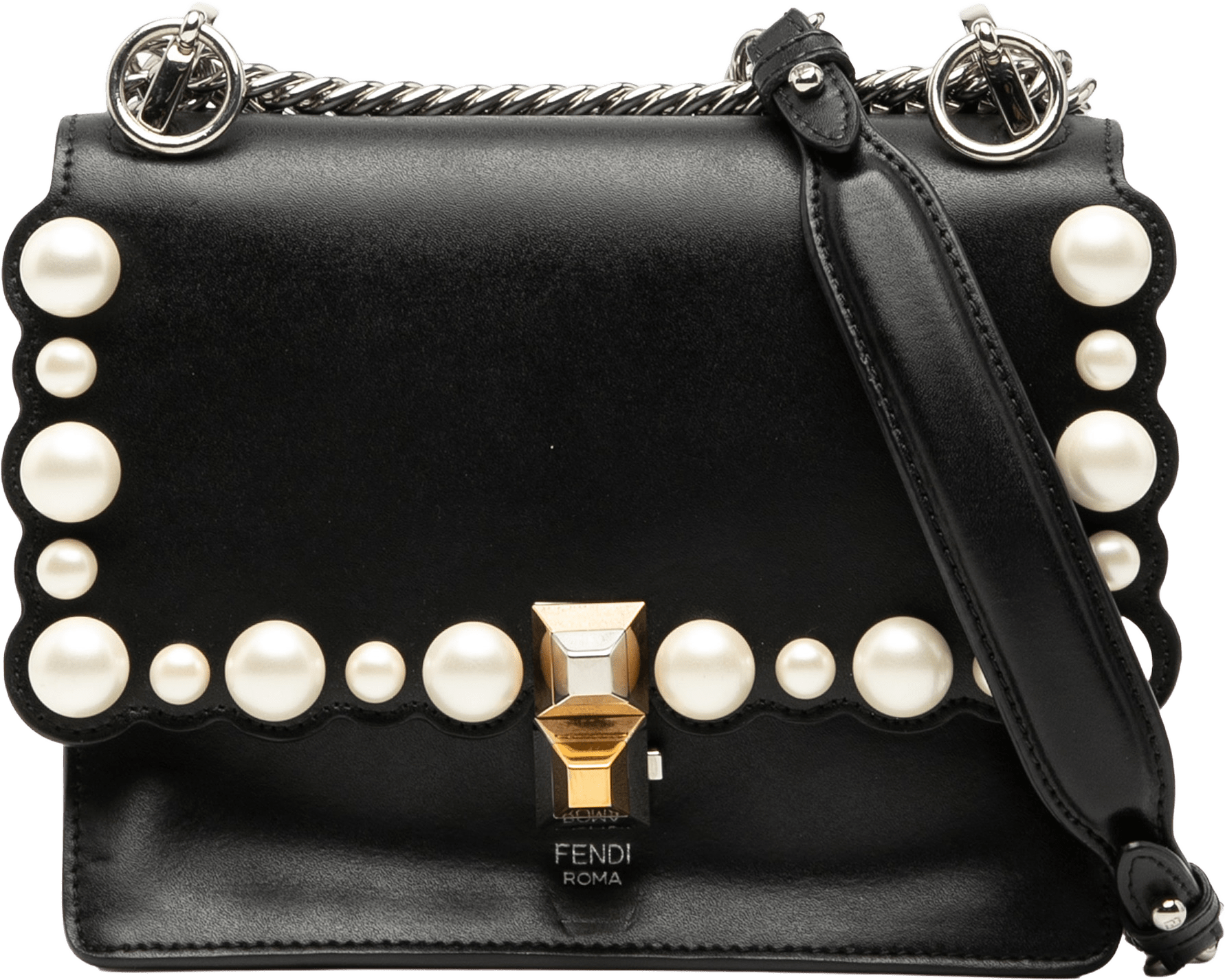 Fendi Mini Scalloped Leather And Pearls Kan I Crossbody, från Luxclusif, i färgen black.