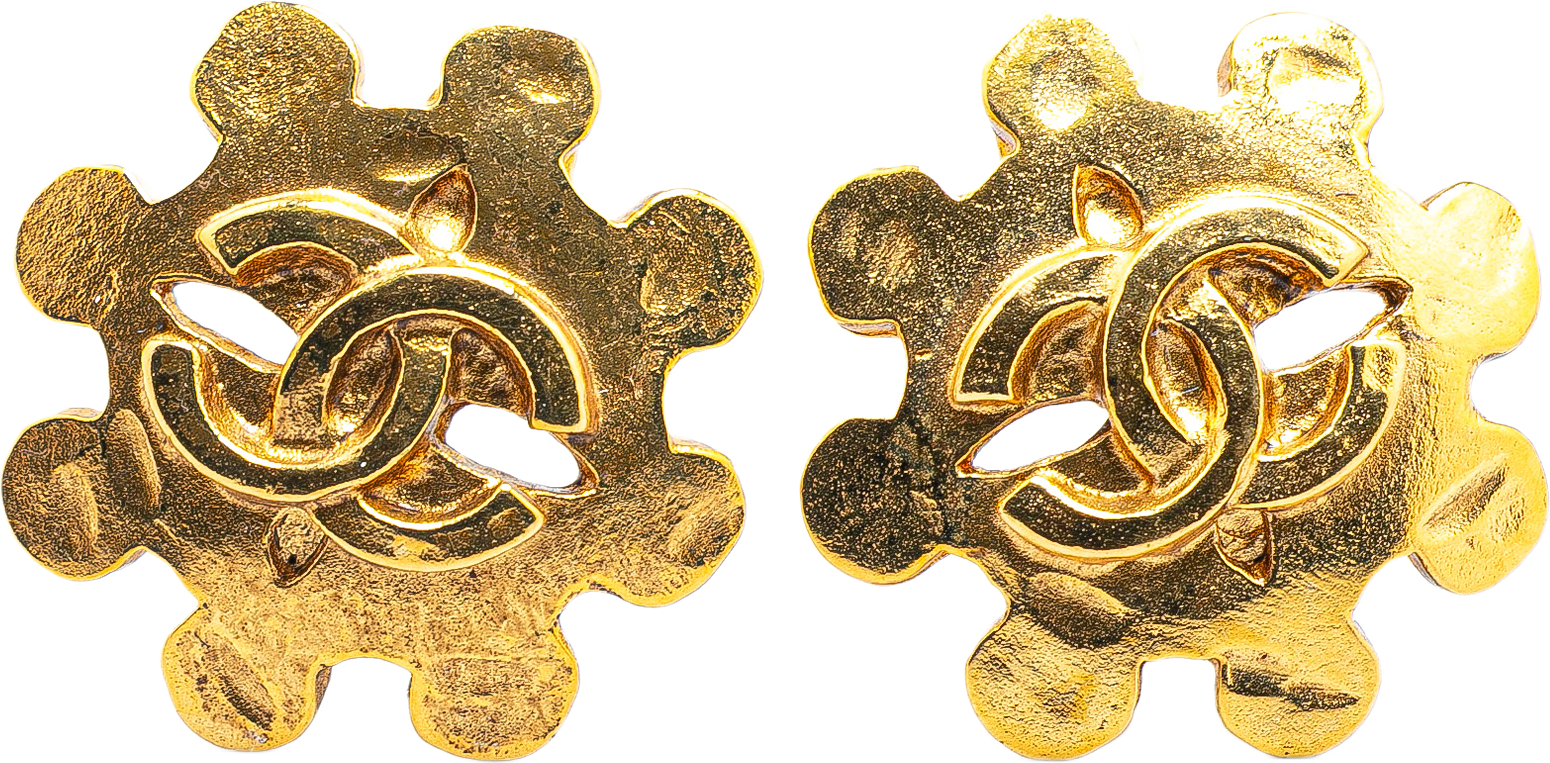 Chanel Gold Plated Cc Flower Clip On Earrings