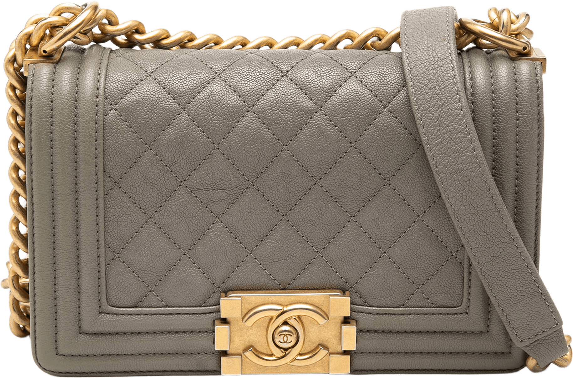 Chanel Small Quilted Caviar Boy Flap, från Luxclusif, i färgen taupe.