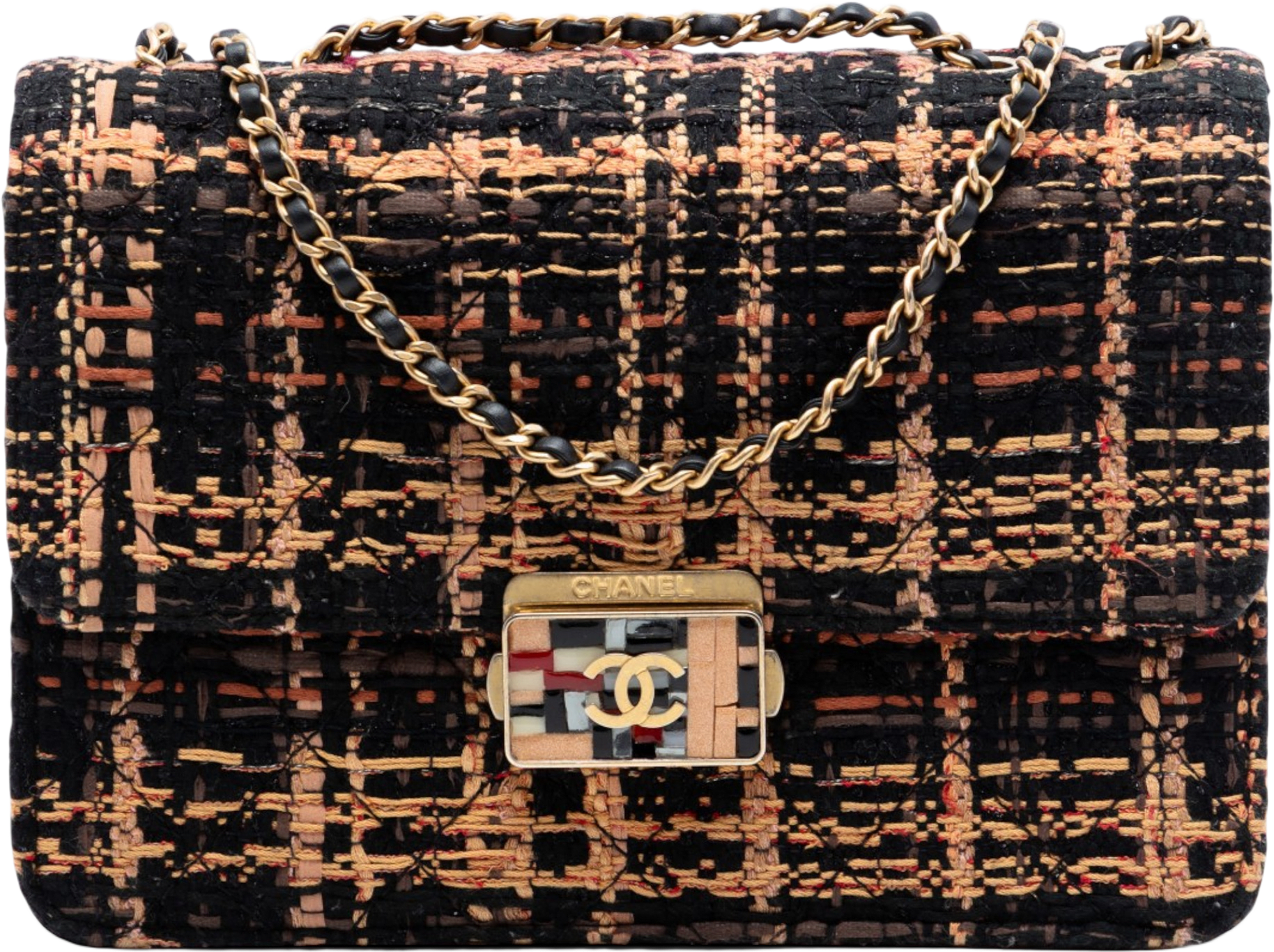 Chanel Medium Quilted Tweed Beauty Lock Flap, från Luxclusif, i färgen black.