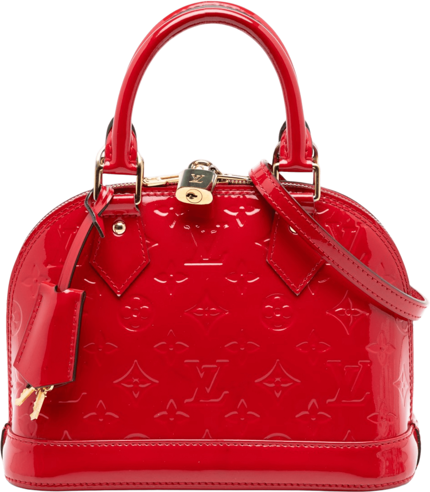 Louis Vuitton Monogram Vernis Alma Bb, från Luxclusif, i färgen red.