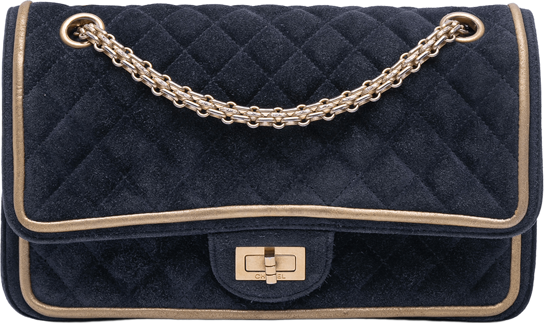 Chanel Reissue 2.55 Quilted Suede Double Flap 225, från Luxclusif, i färgen navy.