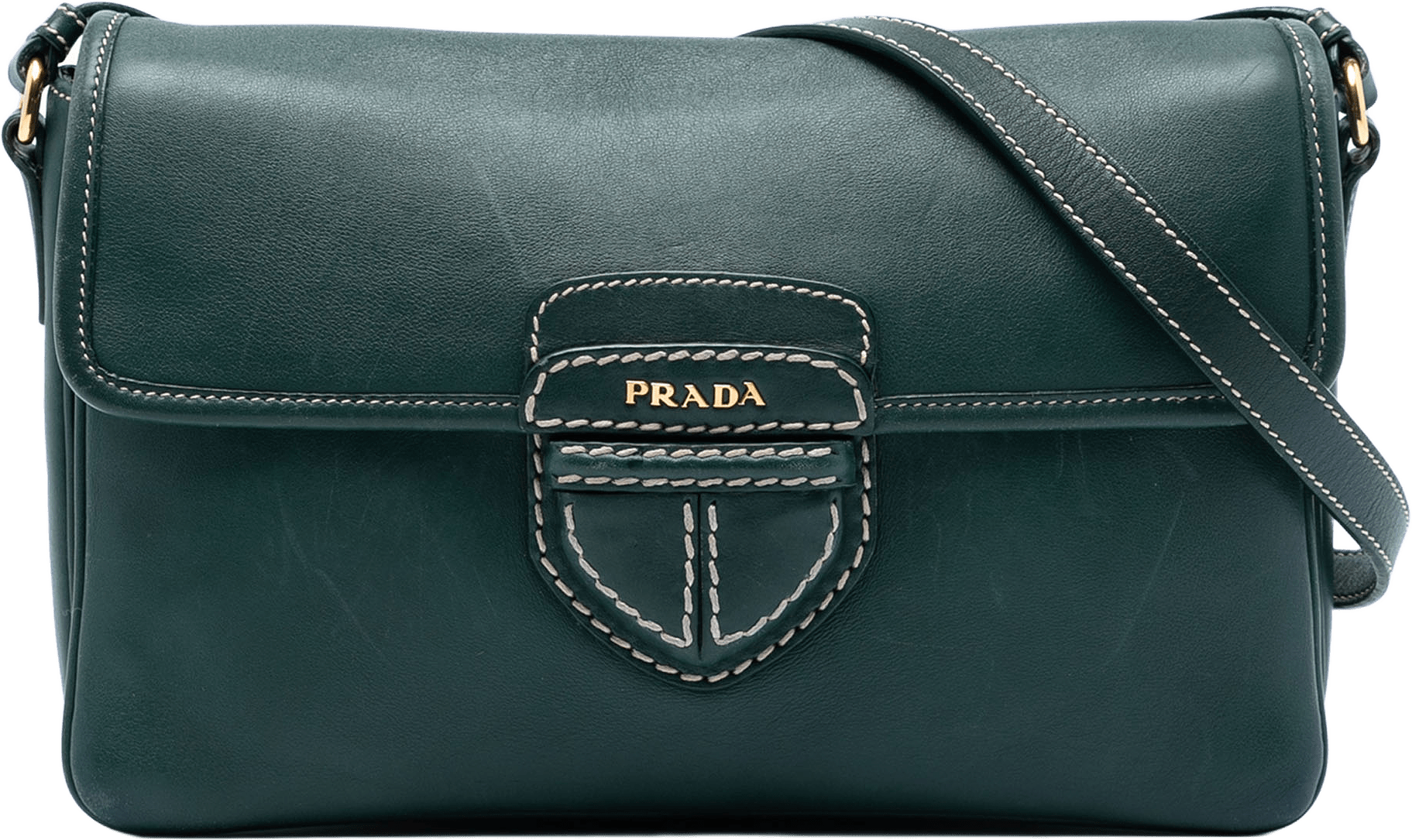 Prada City Calf Push Lock Flap Crossbody, från Luxclusif, i färgen dark green.