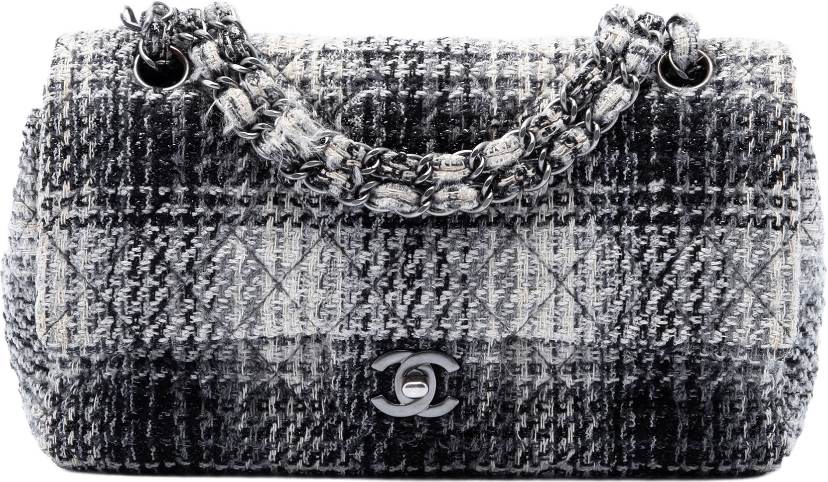 Chanel Medium Classic Quilted Tweed Double Flap, från Luxclusif, i färgen black.