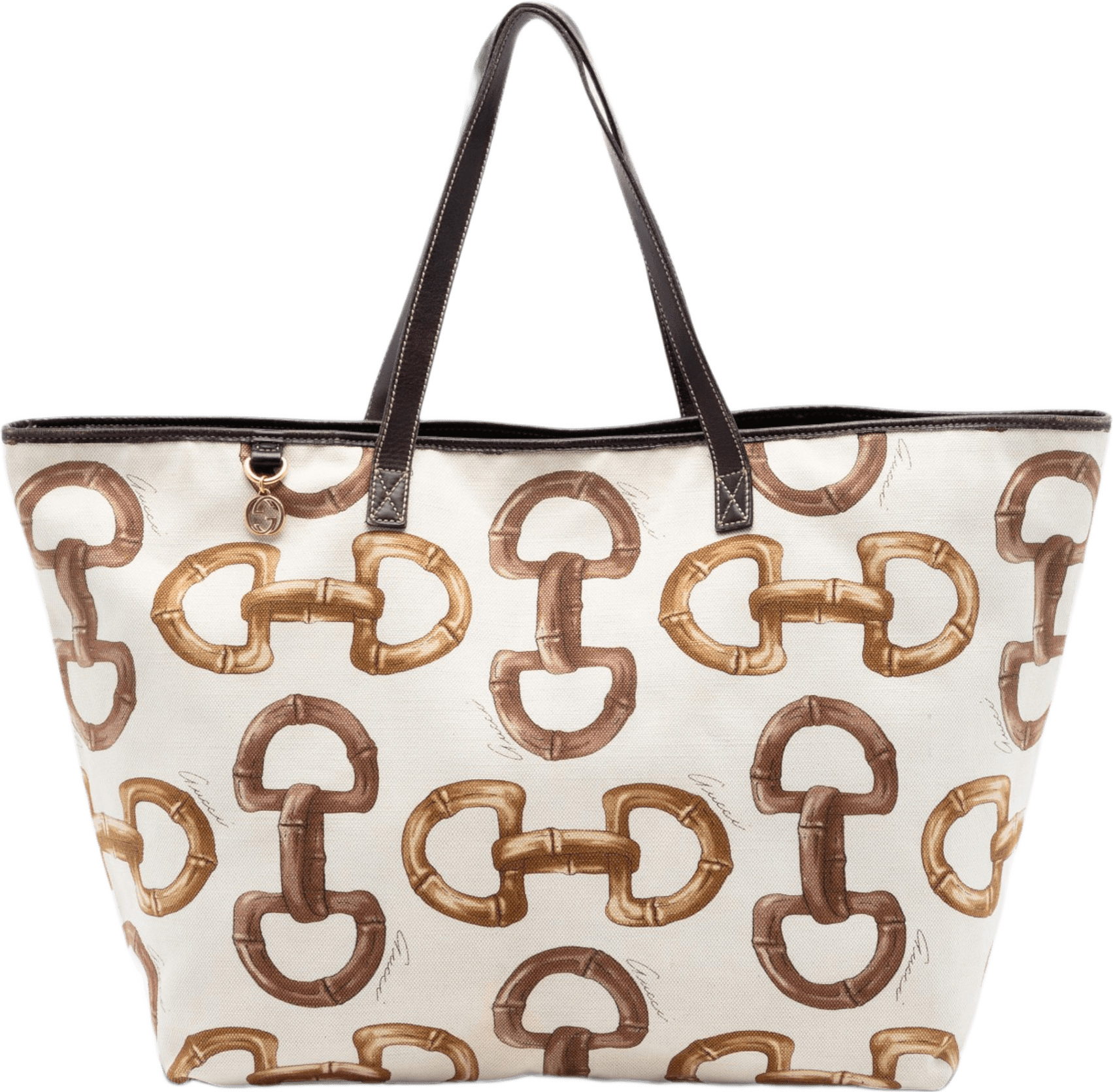 Gucci Printed Canvas Bamboo Horsebit Tote, från Luxclusif, i färgen brun.