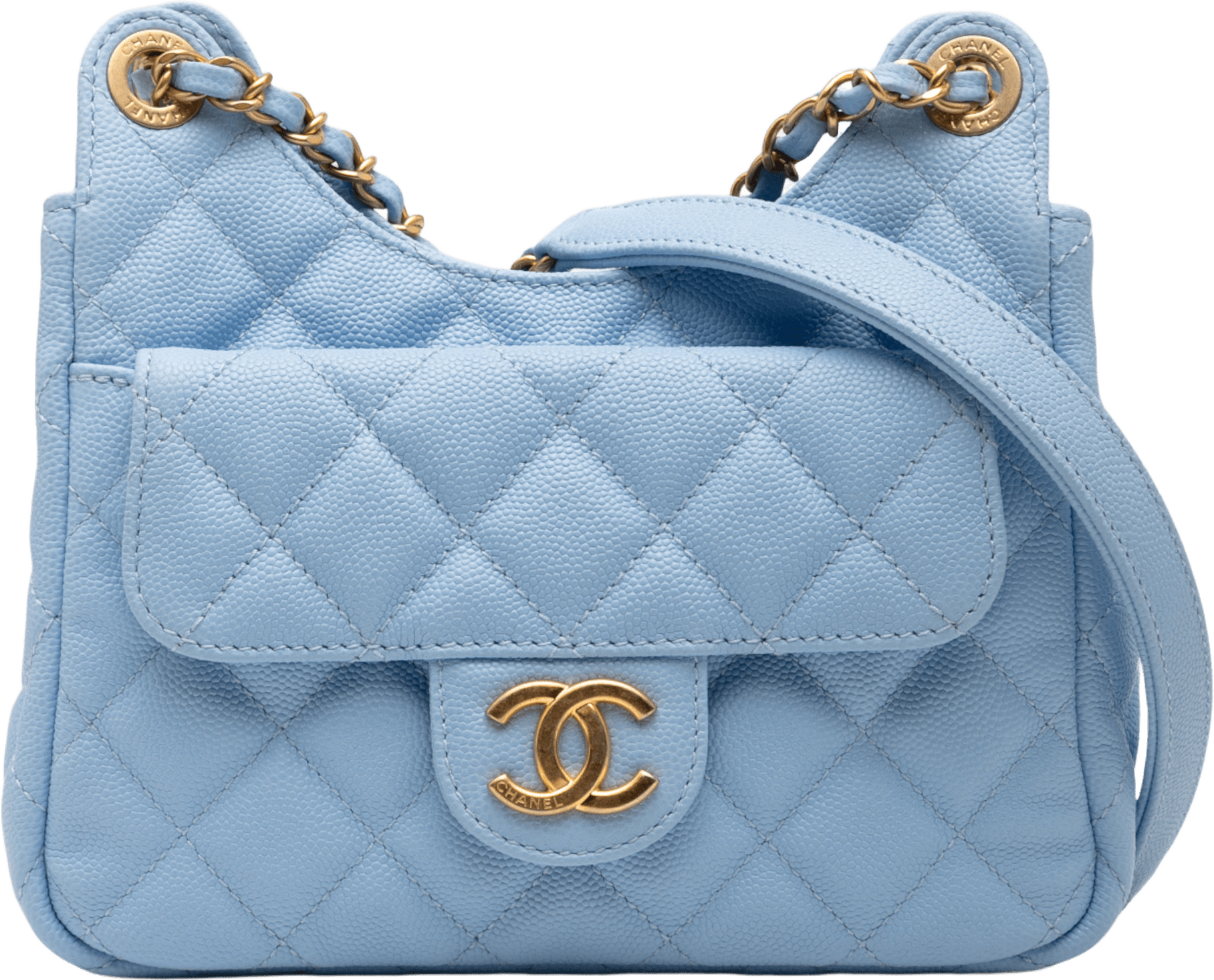 Chanel Small Quitled Caviar Wavy Cc Hobo, från Luxclusif, i färgen light blue.