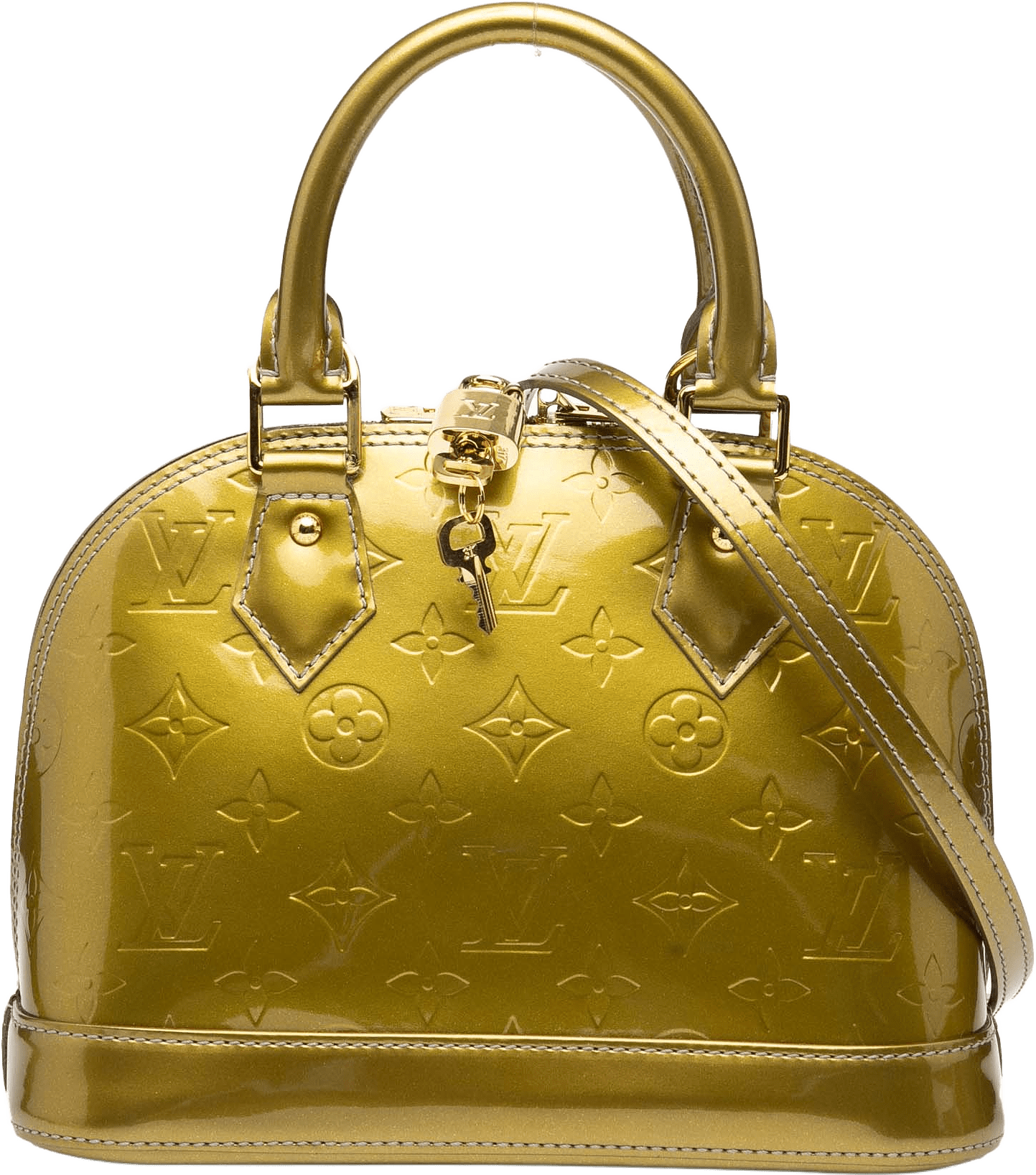 Louis Vuitton Monogram Vernis Alma Bb, från Luxclusif, i färgen olive green.