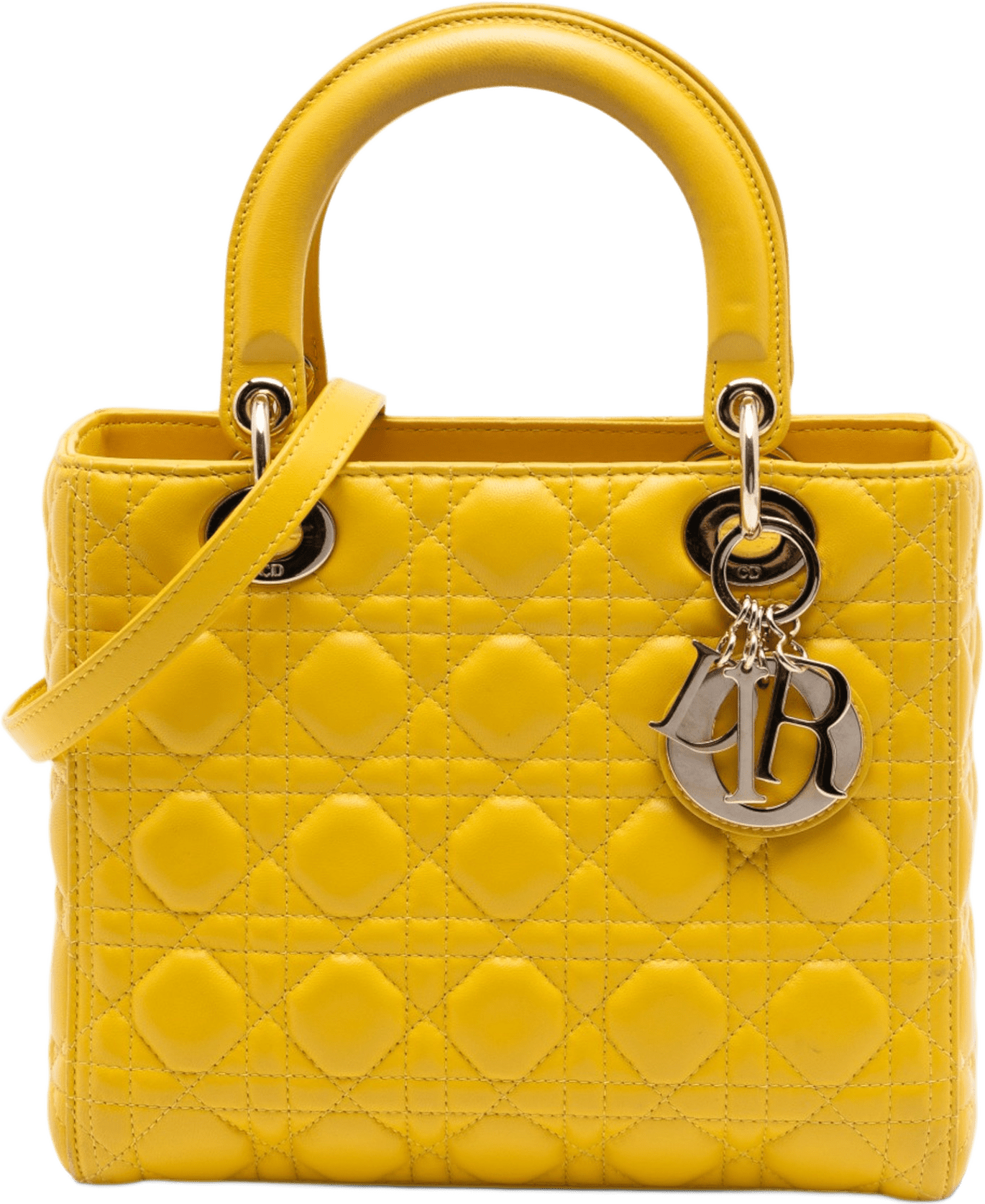Dior Medium Lambskin Cannage Lady Dior, från Luxclusif, i färgen mustard.
