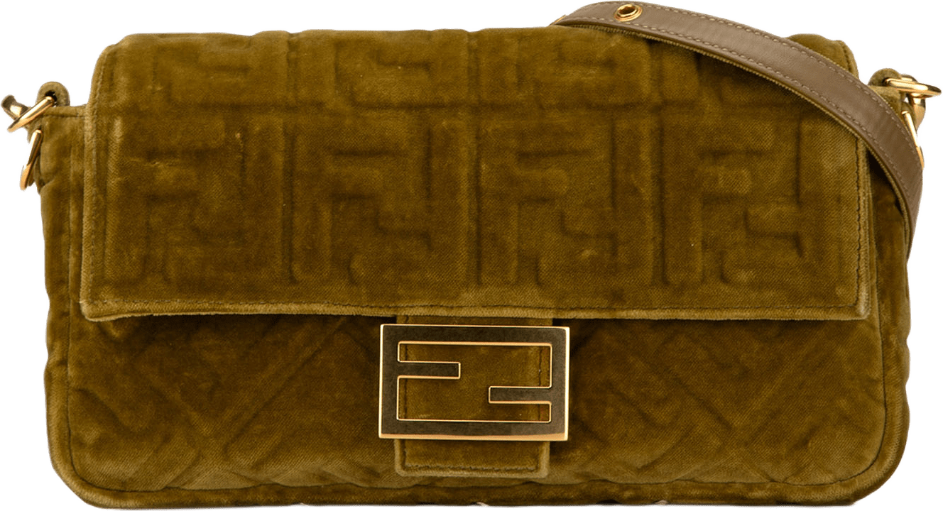 Fendi Zucca Embossed Velvet Baguette Satchel, från Luxclusif, i färgen olive green.