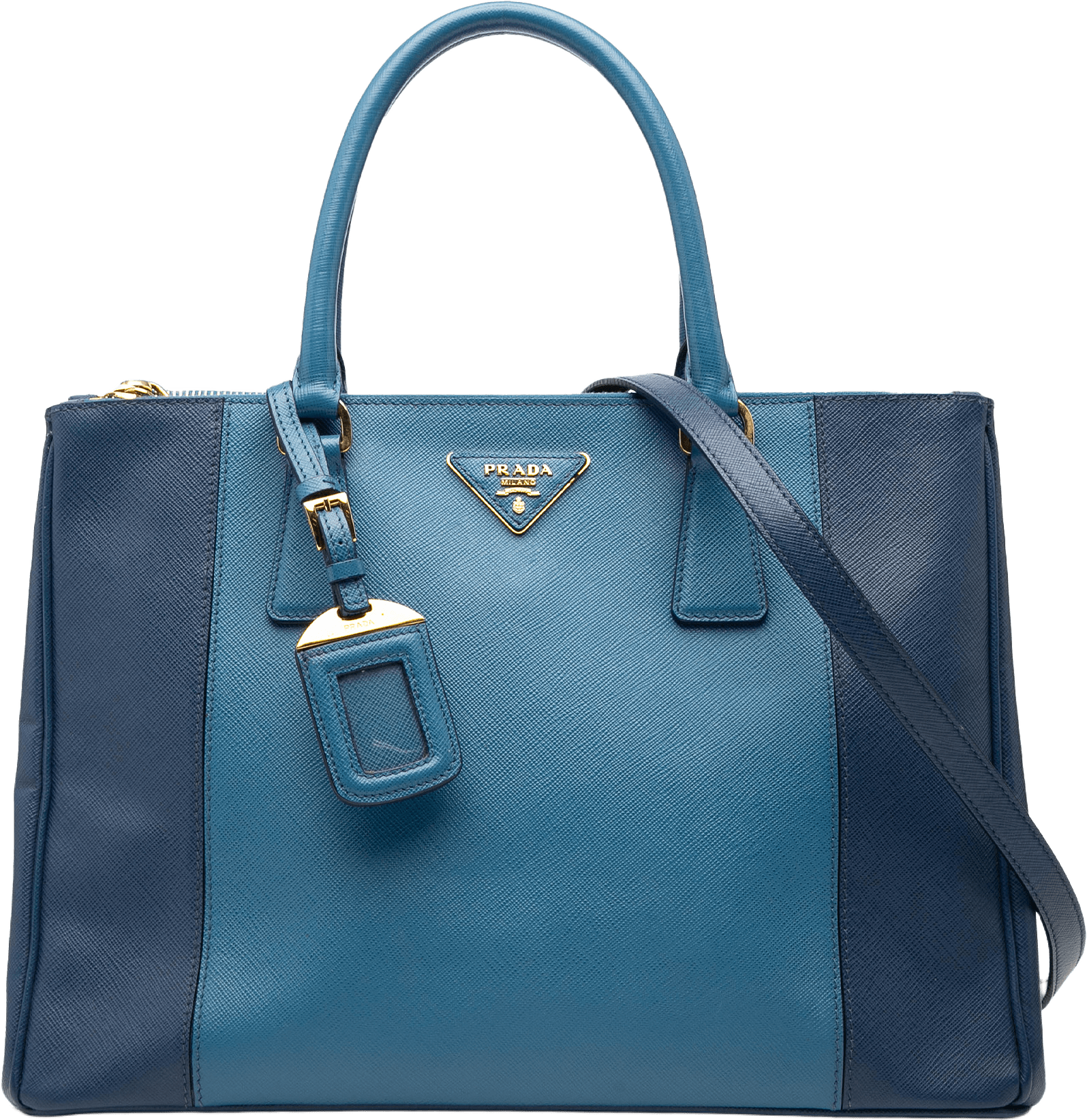 Prada Medium Bicolor Saffiano Lux Galleria Double Zip Satchel, från Luxclusif, i färgen blue.