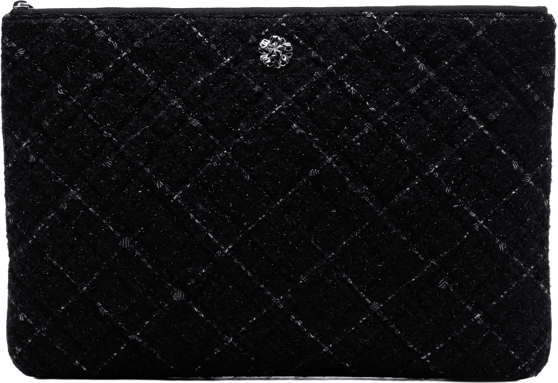 Chanel Large Quilted Tweed And Lambskin Camellia O Case Clutch, från Luxclusif, i färgen black.