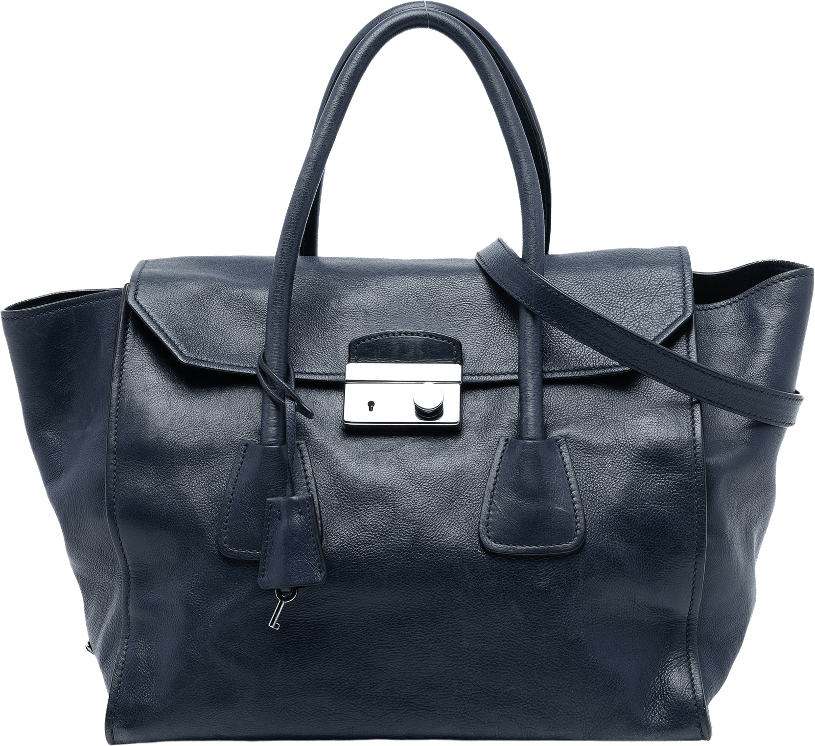 Prada Glace Calf Sound Lock Satchel, från Luxclusif, i färgen navy.