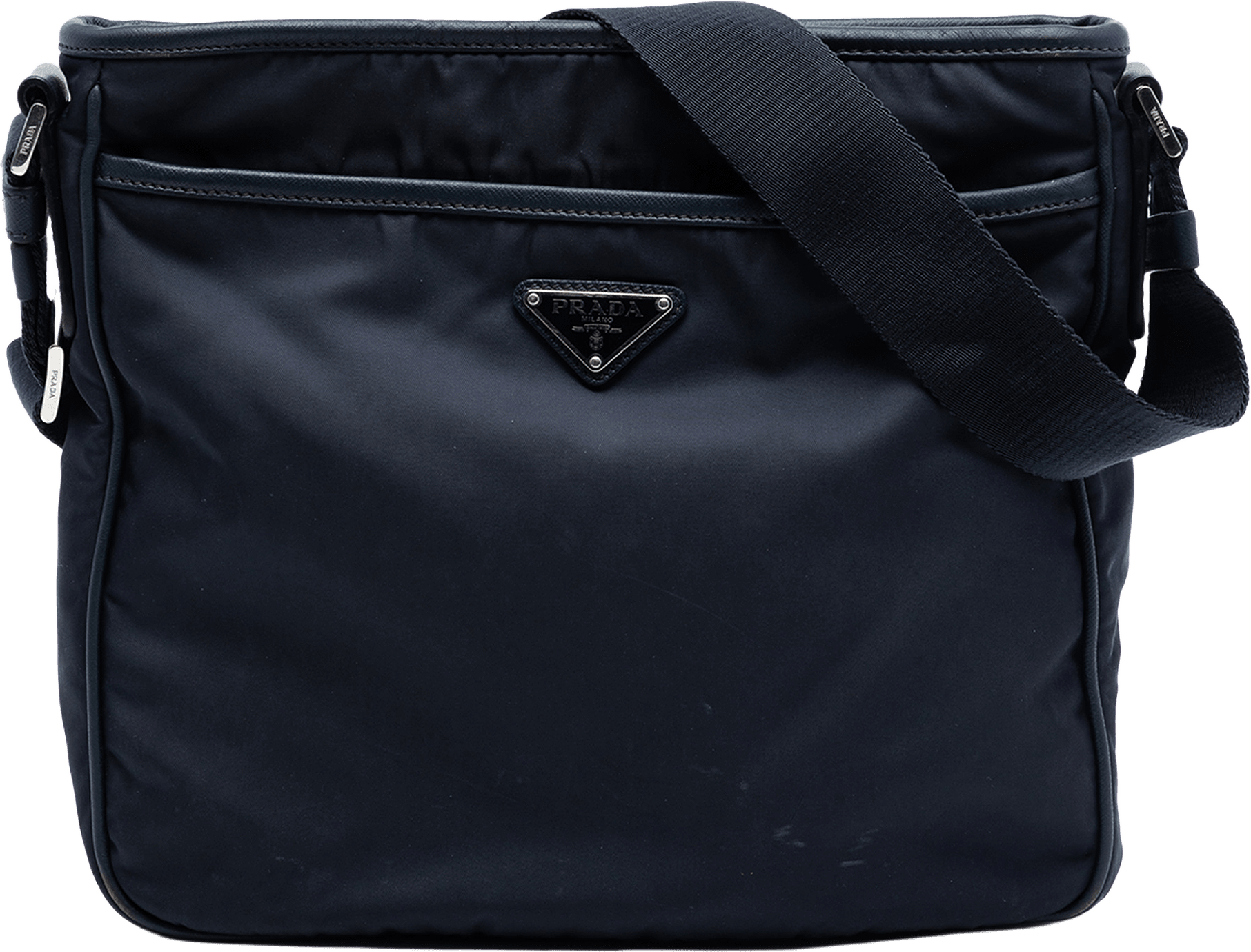 Prada Saffiano Trimmed Tessuto Zip Top Crossbody, från Luxclusif, i färgen navy.