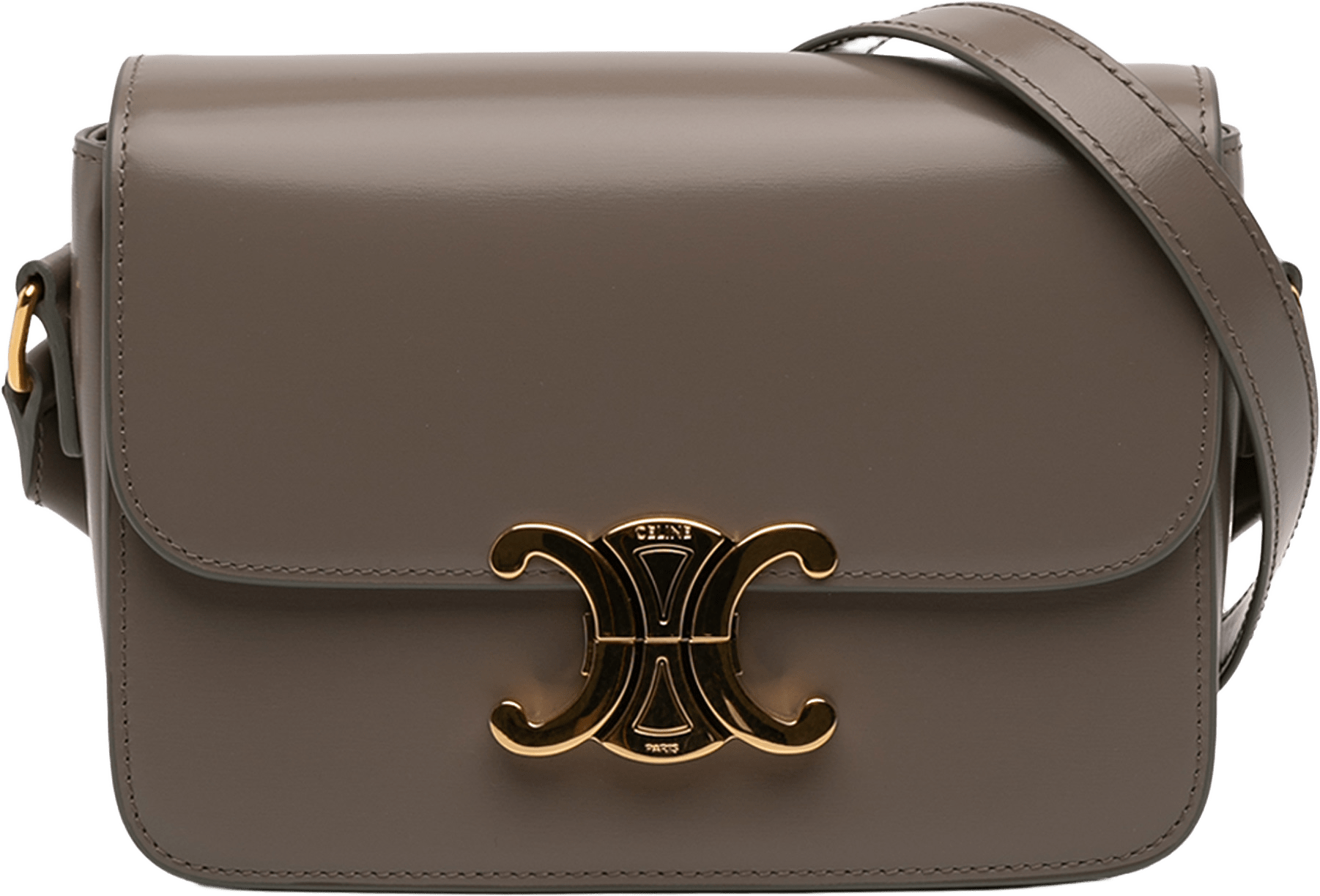Celine Teen Shiny Calfskin Triomphe Crossbody, från Luxclusif, i färgen taupe.