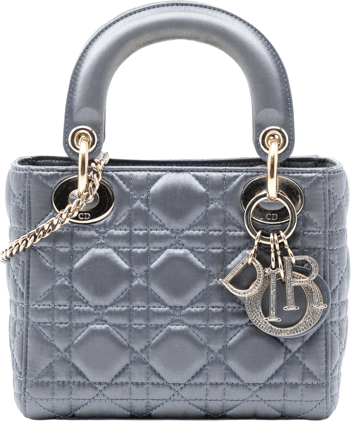 Dior Mini Satin Cannage Swarovski Crystal Lady Dior, från Luxclusif, i färgen gray.