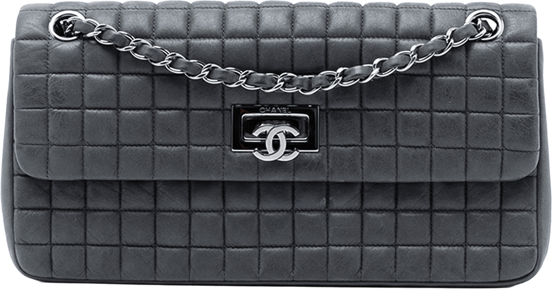 Chanel Chocolate Bar Iridescent Calfskin Bubble Flap, från Luxclusif, i färgen charcoal.