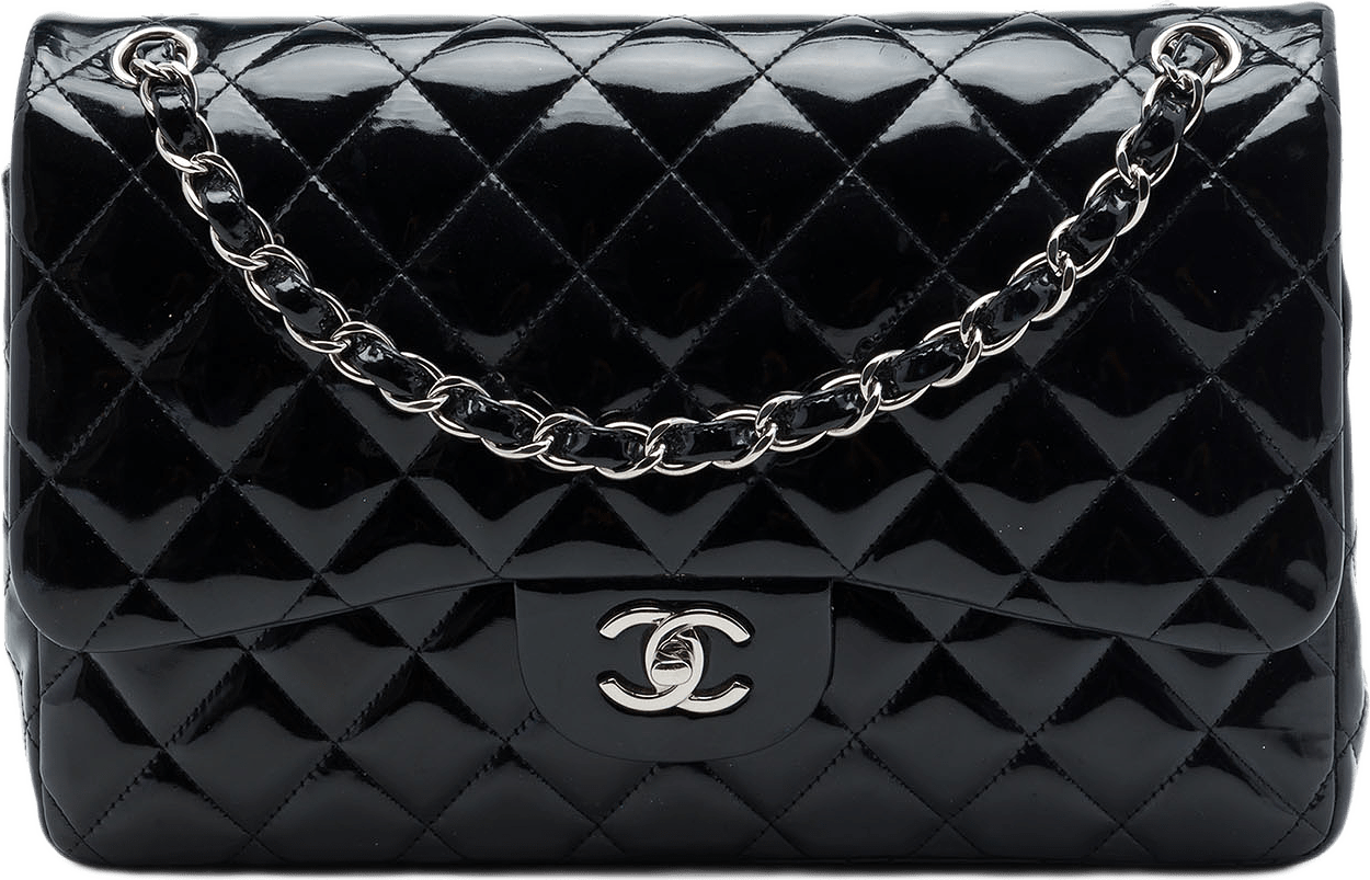 Chanel Jumbo Classic Patent Double Flap, från Luxclusif, i färgen svart.