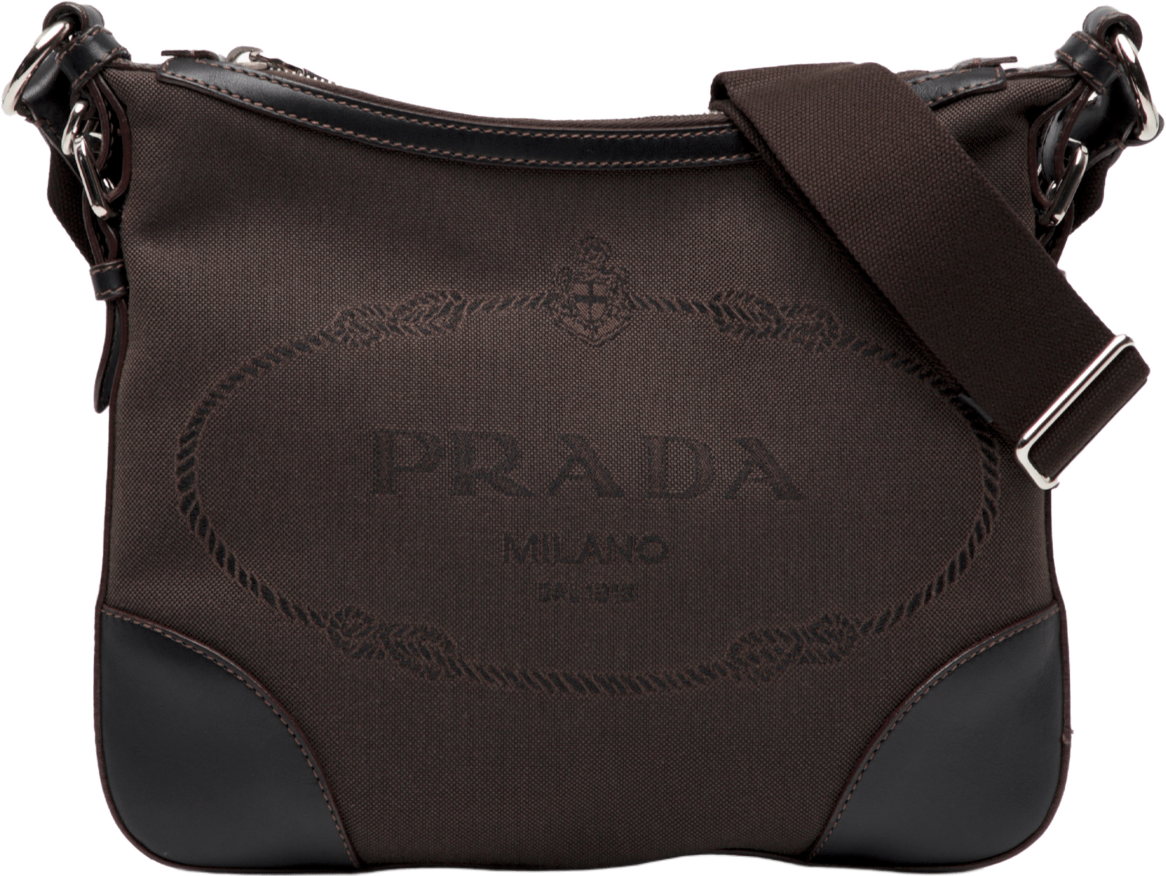 Prada Canvas Canapa Logo Crossbody, från Luxclusif, i färgen dark brown.