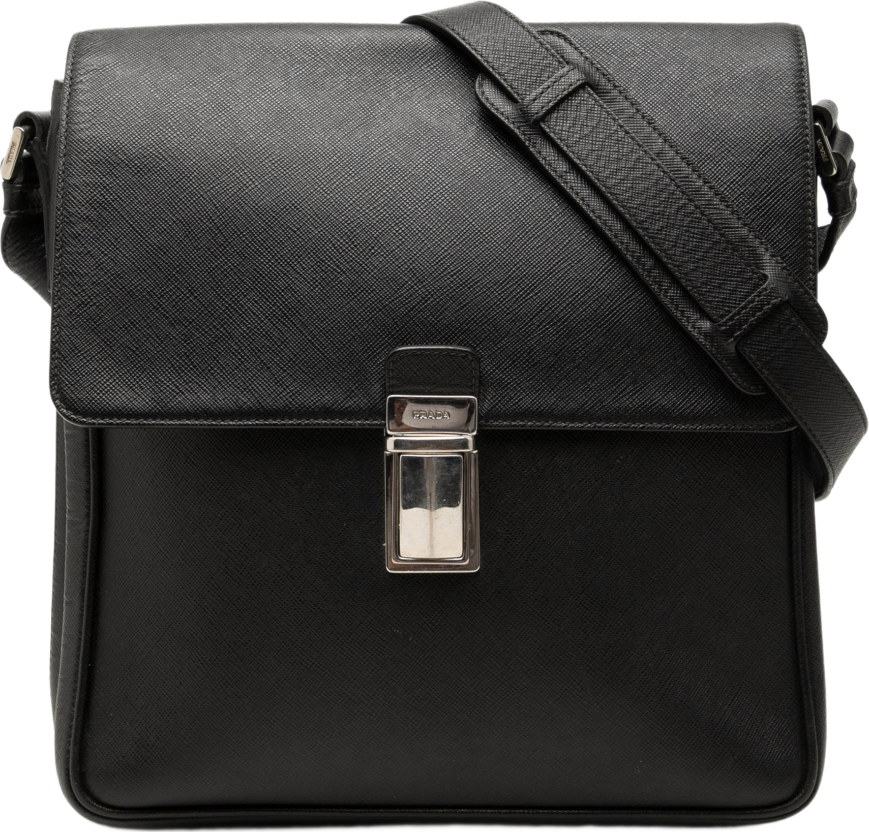 Prada Saffiano Buckle Messenger Bag, från Luxclusif, i färgen svart.