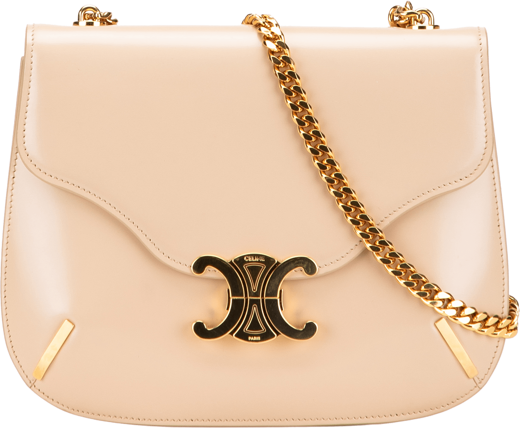 Celine Teen Shiny Calfskin Triomphe Besace Clea Chain Crossbody, från Luxclusif, i färgen beige.